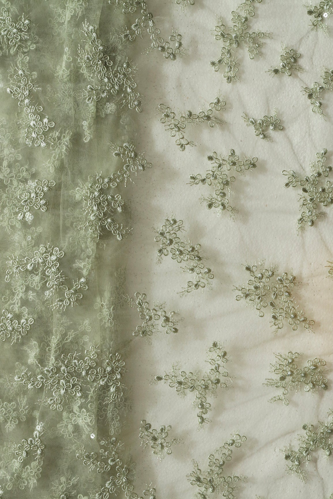 Exclusive Olive Thread With Sequins Abstract Embroidery Work On Olive Soft Net Fabric - doeraa