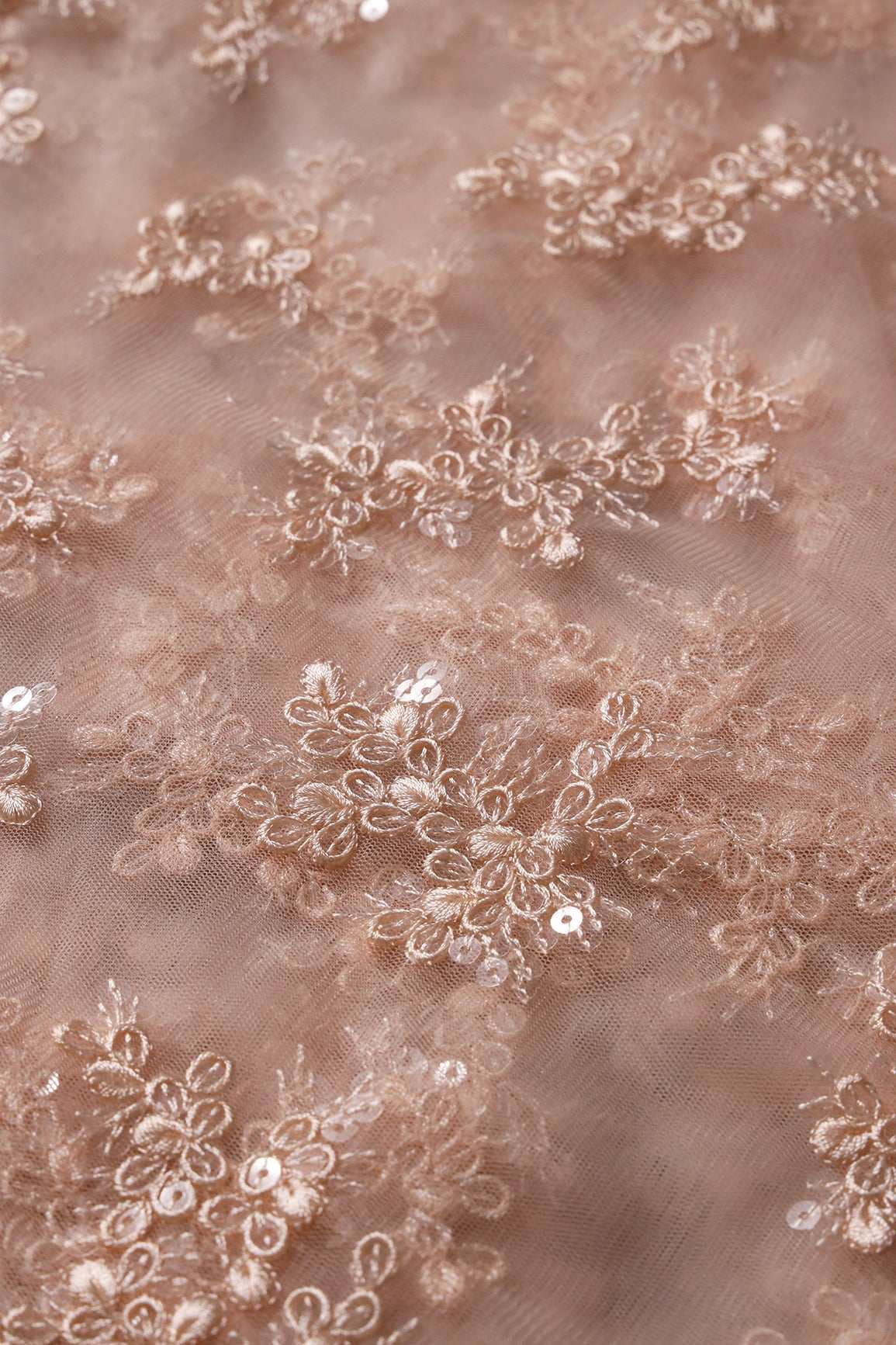 Exclusive Peach Thread With Sequins Abstract Embroidery Work On Light Peach Soft Net Fabric - doeraa