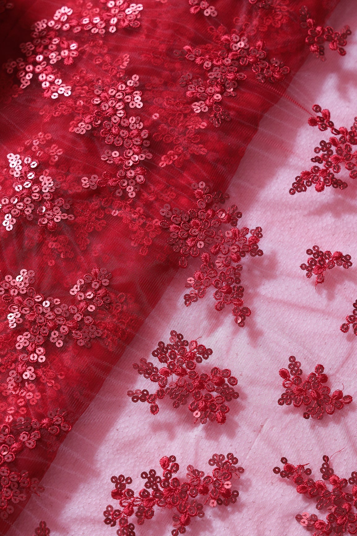 Exclusive Red Thread With Sequins Abstract Embroidery Work On Red Soft Net Fabric - doeraa