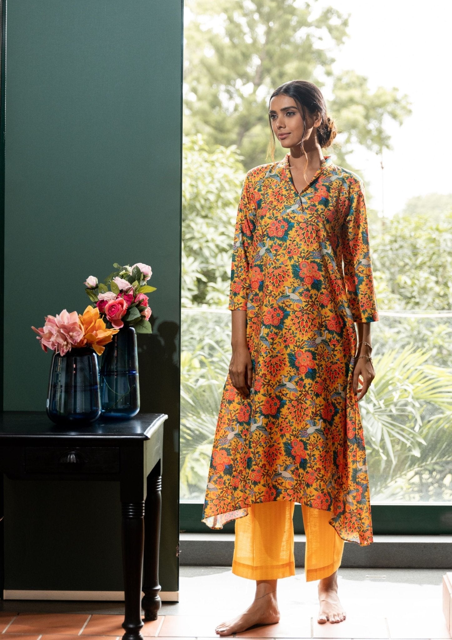 Ezra Yellow Ethnic Printed Linen Indian Co - ord Set - doeraa