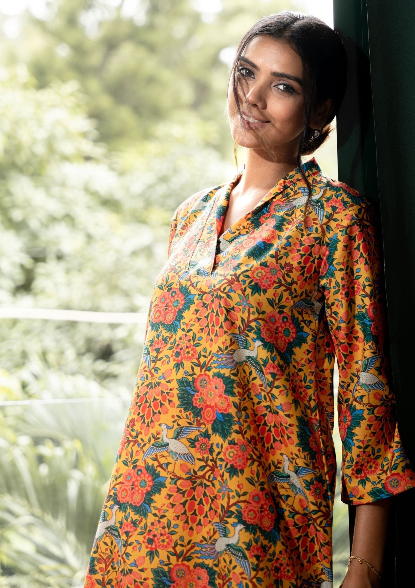 Ezra Yellow Ethnic Printed Linen Indian Co - ord Set - doeraa