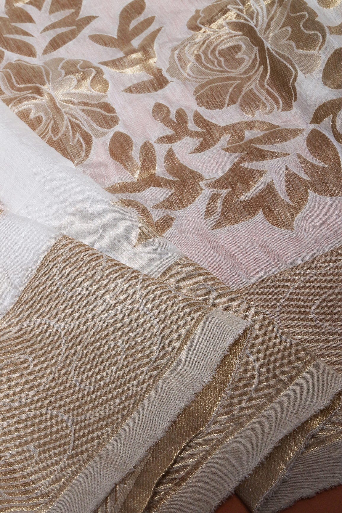 Floral Gold Zari Jacquard White Dyeable Chanderi Dupatta With Border - doeraa