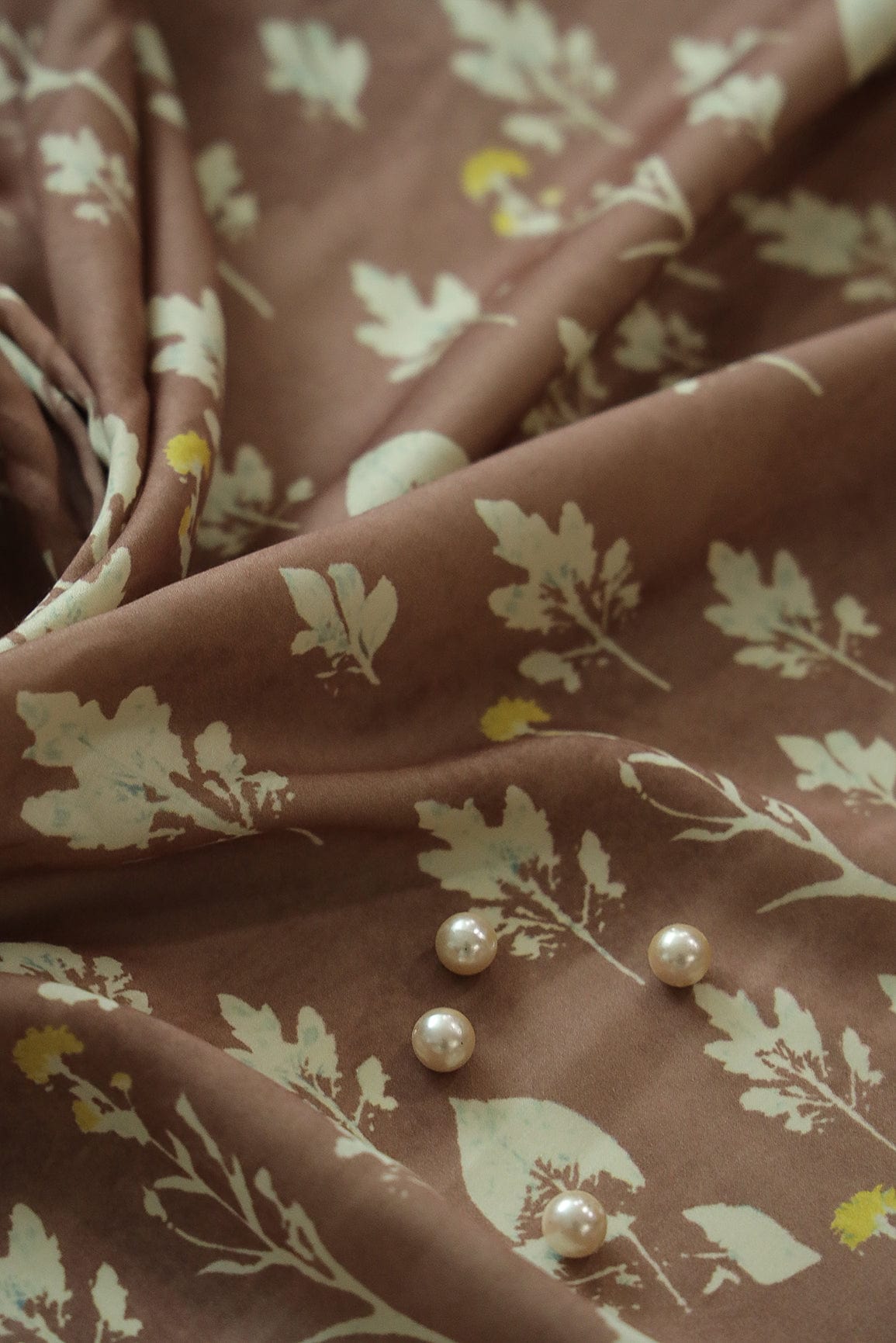 Floral Motif Digital Print Design on Light Brown Linen Satin Fabric - doeraa