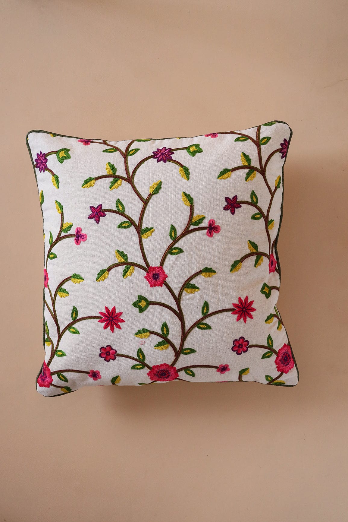 Floral Pattern Embroidery on off white cotton Cushion Cover (16*16 inches) - doeraa