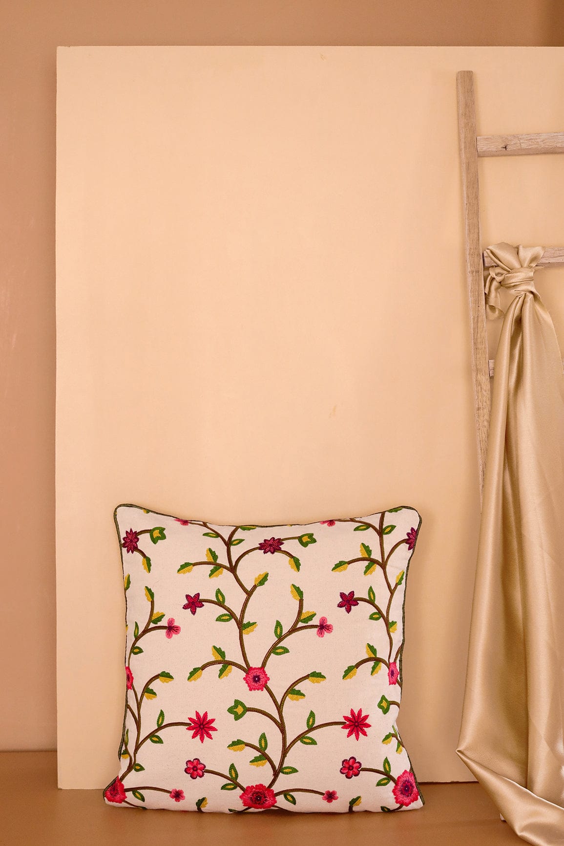 Floral Pattern Embroidery on off white cotton Cushion Cover (16*16 inches) - doeraa