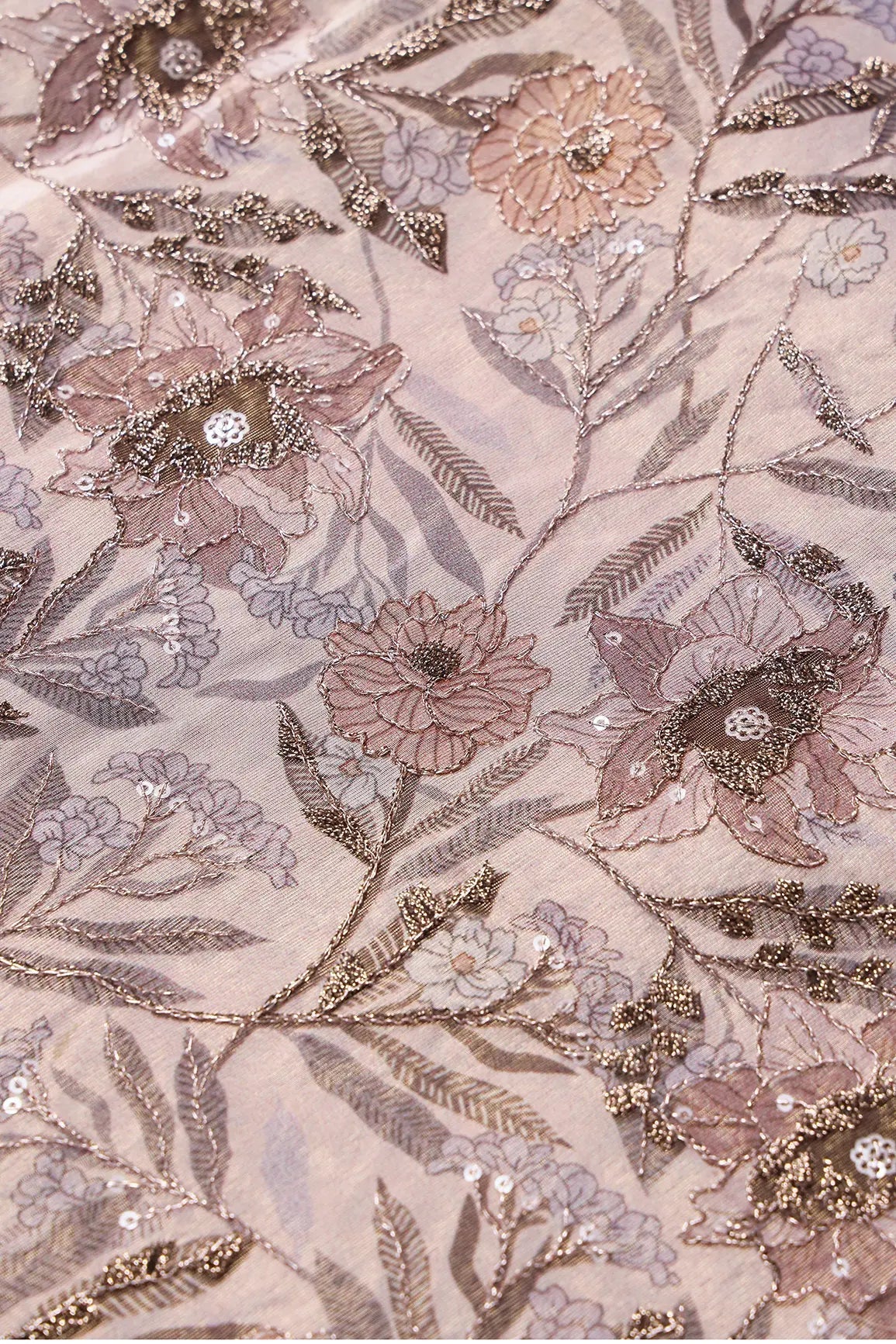 Floral Position Print On Gold Zari With Sequins Embroidery Light Brown Viscose Zari Tissue Fabric - doeraa