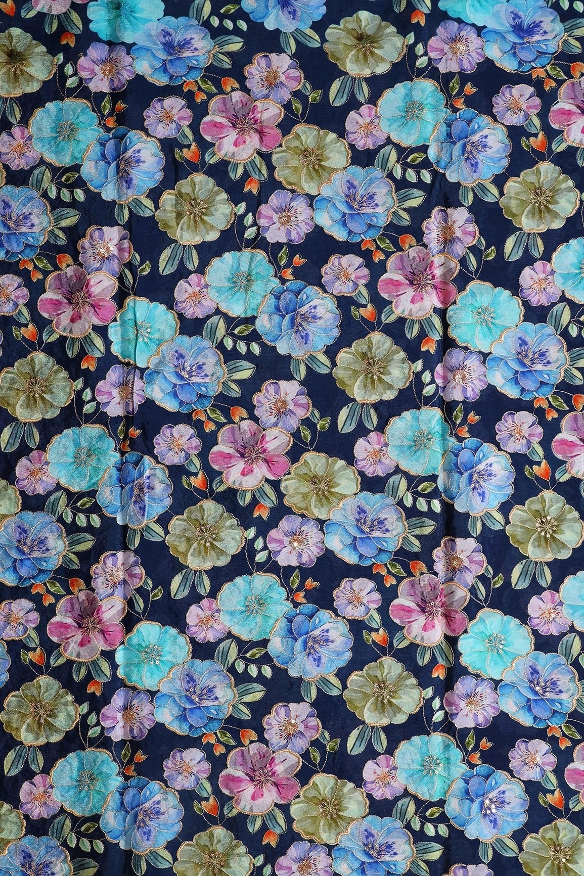 Floral Position Print On Sequins Embroidery Navy Blue Viscose Chinnon Chiffon Fabric - doeraa