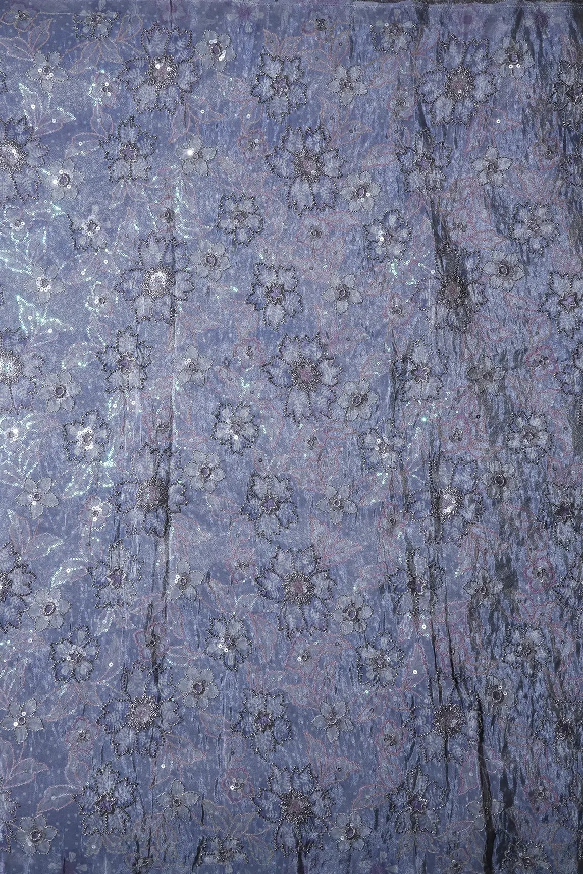 Floral Position Print On Sequins With Beads Embroidery Lilac Viscose Zari Tissue Fabric - doeraa