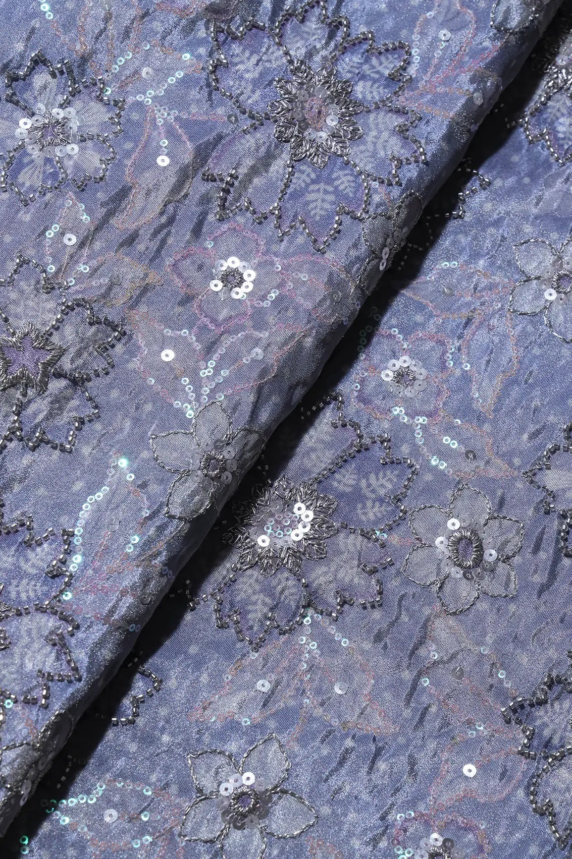 Floral Position Print On Sequins With Beads Embroidery Lilac Viscose Zari Tissue Fabric - doeraa