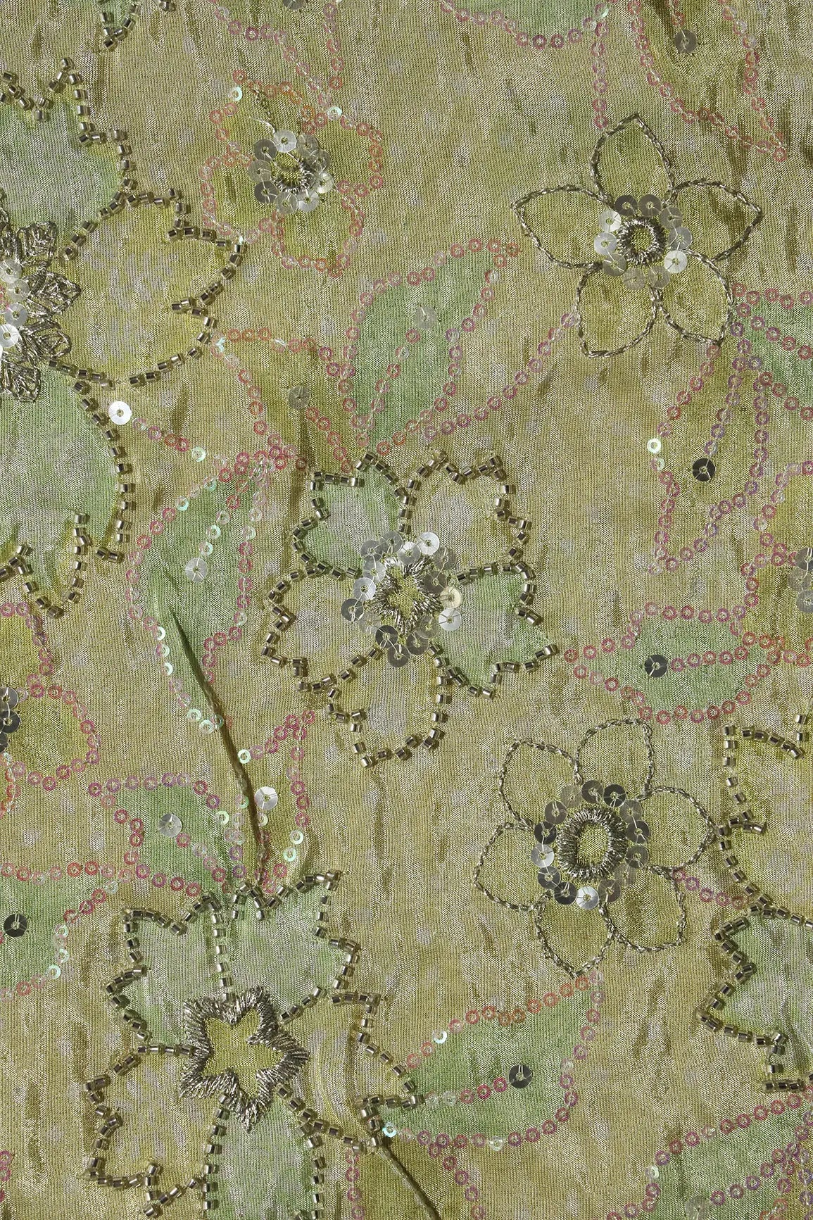 Floral Position Print On Sequins With Beads Embroidery Parrot Green Viscose Zari Tissue Fabric - doeraa