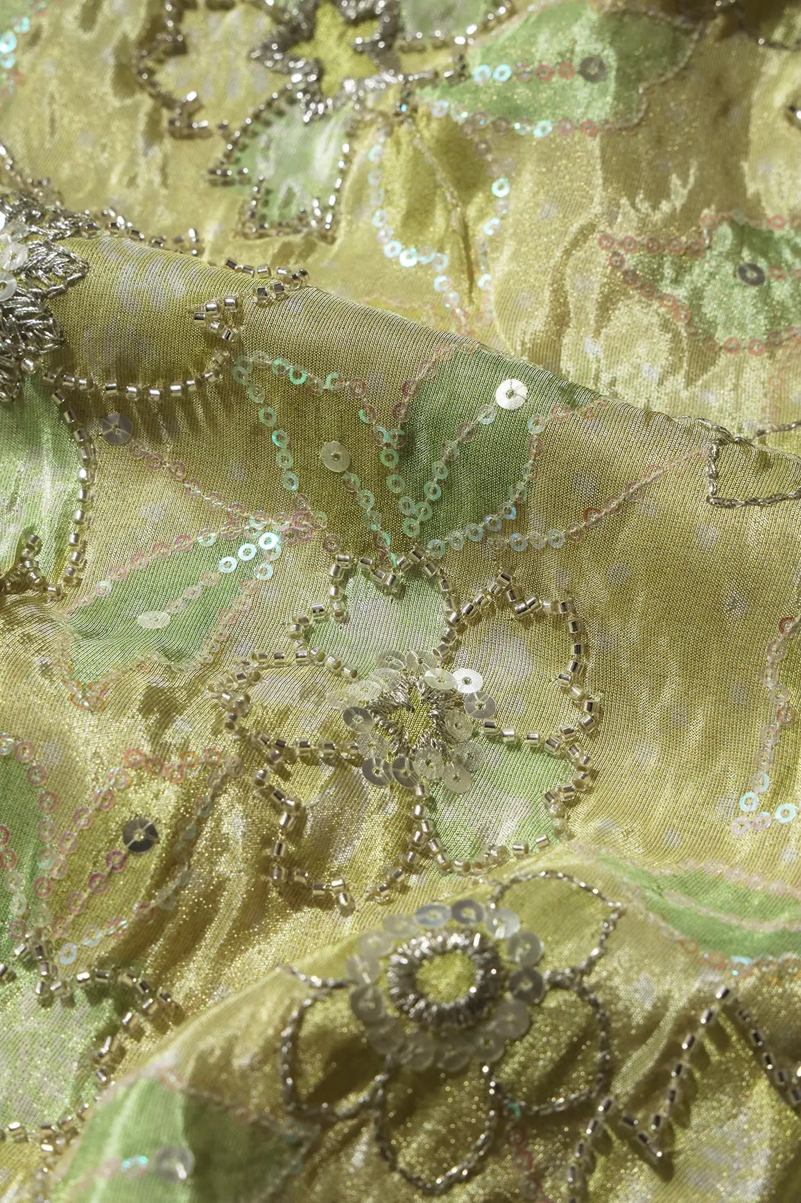 Floral Position Print On Sequins With Beads Embroidery Parrot Green Viscose Zari Tissue Fabric - doeraa