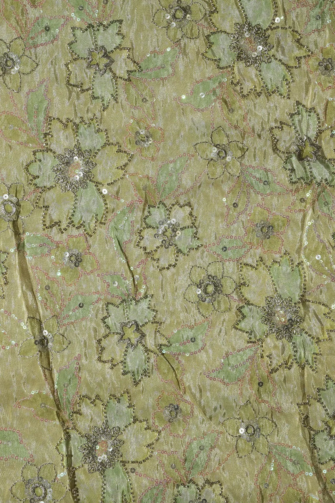 Floral Position Print On Sequins With Beads Embroidery Parrot Green Viscose Zari Tissue Fabric - doeraa