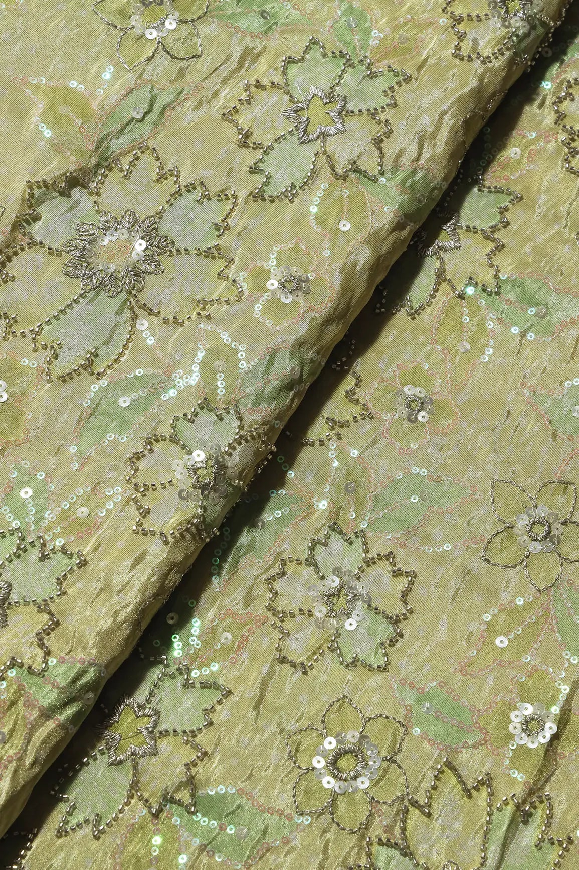 Floral Position Print On Sequins With Beads Embroidery Parrot Green Viscose Zari Tissue Fabric - doeraa