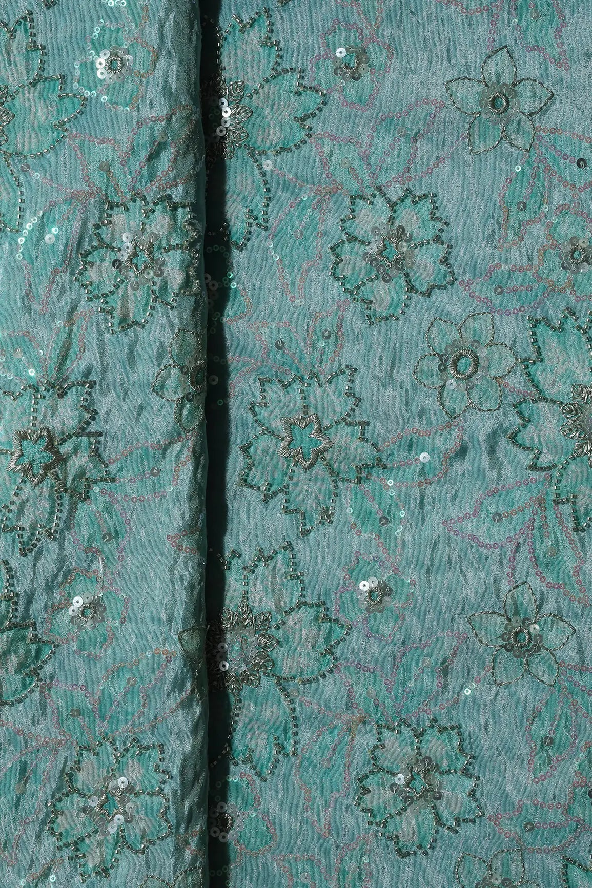 Floral Position Print On Sequins With Beads Embroidery Teal Viscose Zari Tissue Fabric Fabric - doeraa