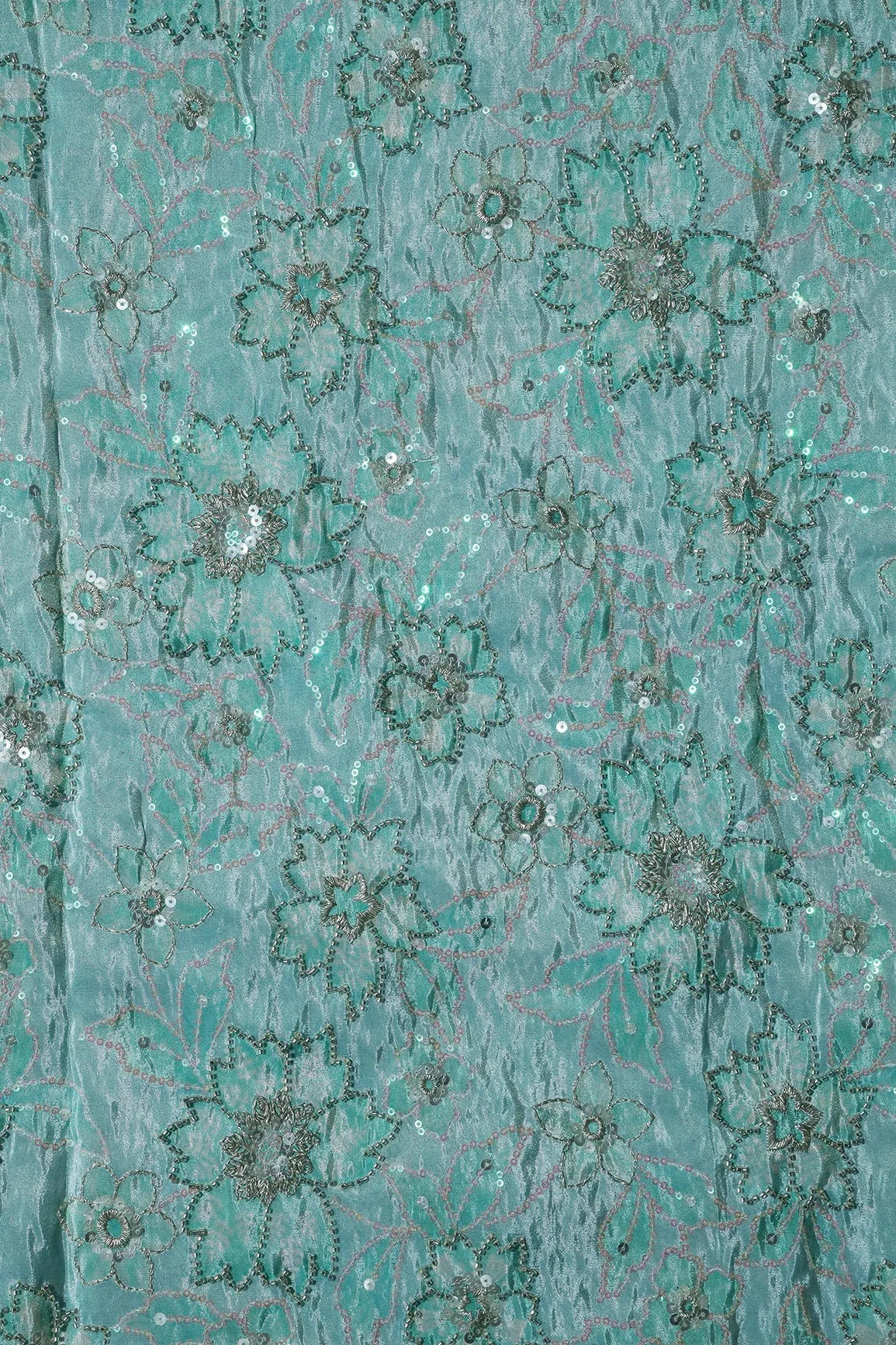 Floral Position Print On Sequins With Beads Embroidery Teal Viscose Zari Tissue Fabric Fabric - doeraa