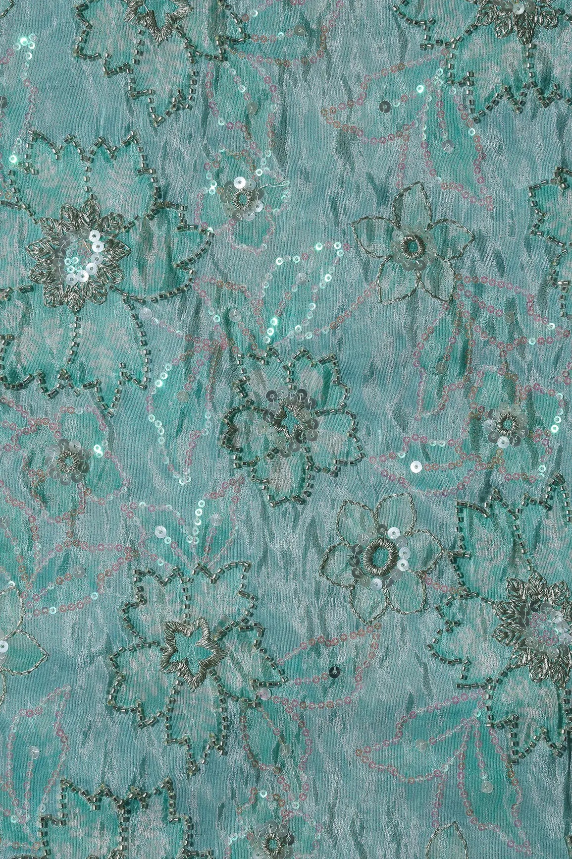 Floral Position Print On Sequins With Beads Embroidery Teal Viscose Zari Tissue Fabric Fabric - doeraa