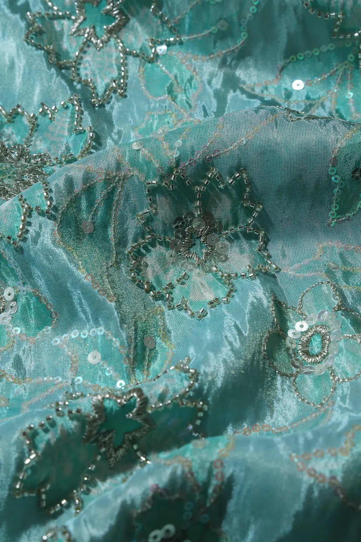 Floral Position Print On Sequins With Beads Embroidery Teal Viscose Zari Tissue Fabric Fabric - doeraa