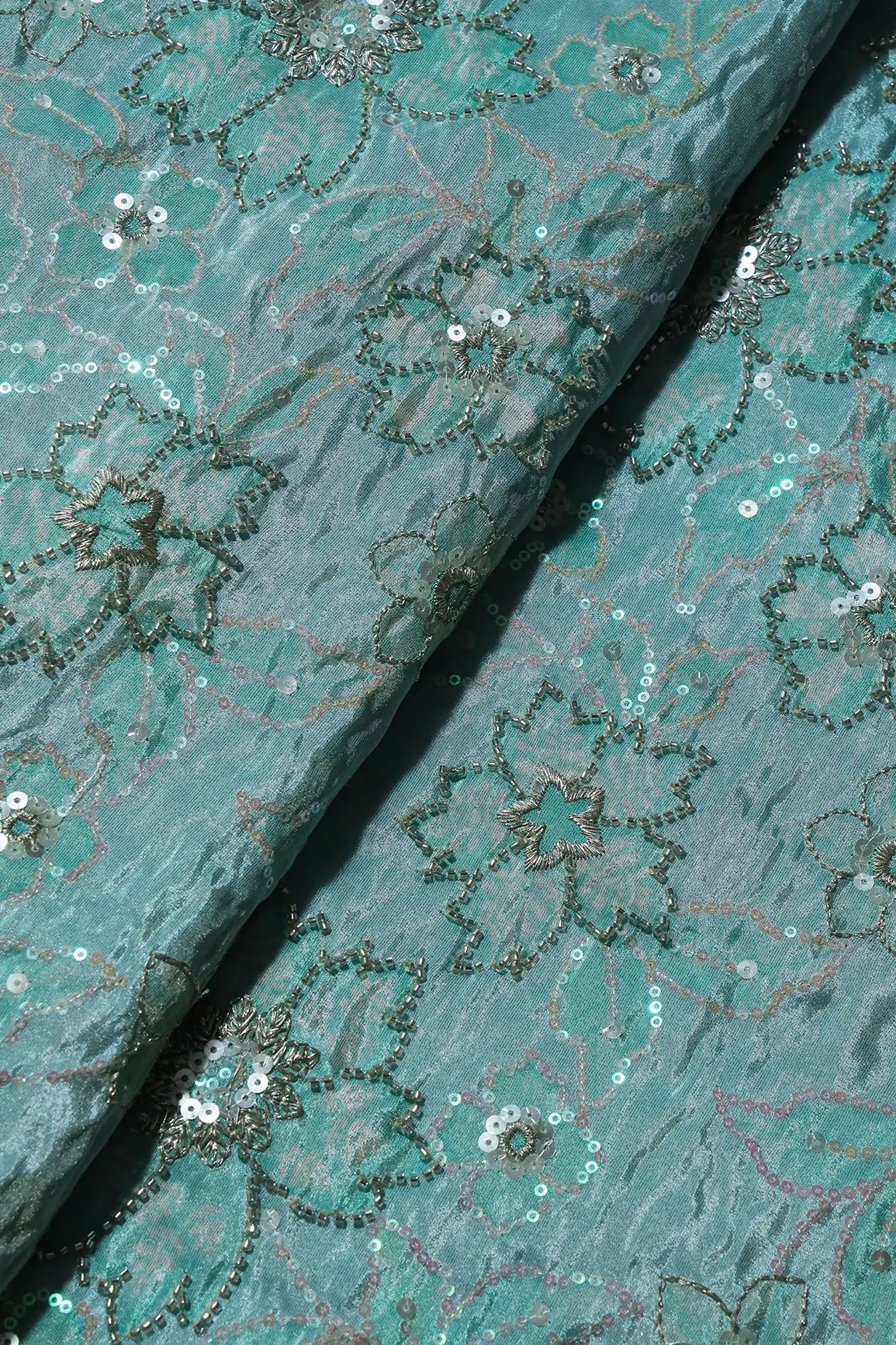 Floral Position Print On Sequins With Beads Embroidery Teal Viscose Zari Tissue Fabric Fabric - doeraa