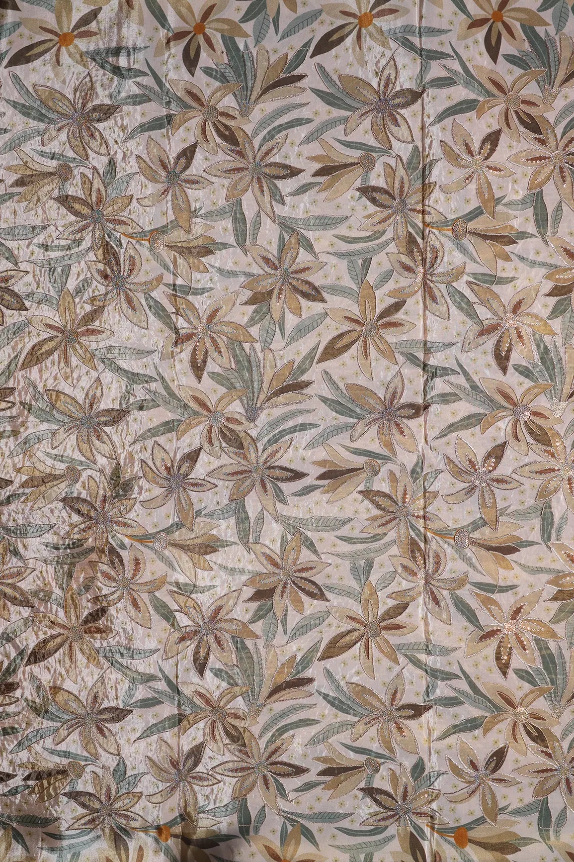 Floral Position Print On Sequins With Zari Embroidery Light Beige Viscose Zari Tissue Fabric - doeraa