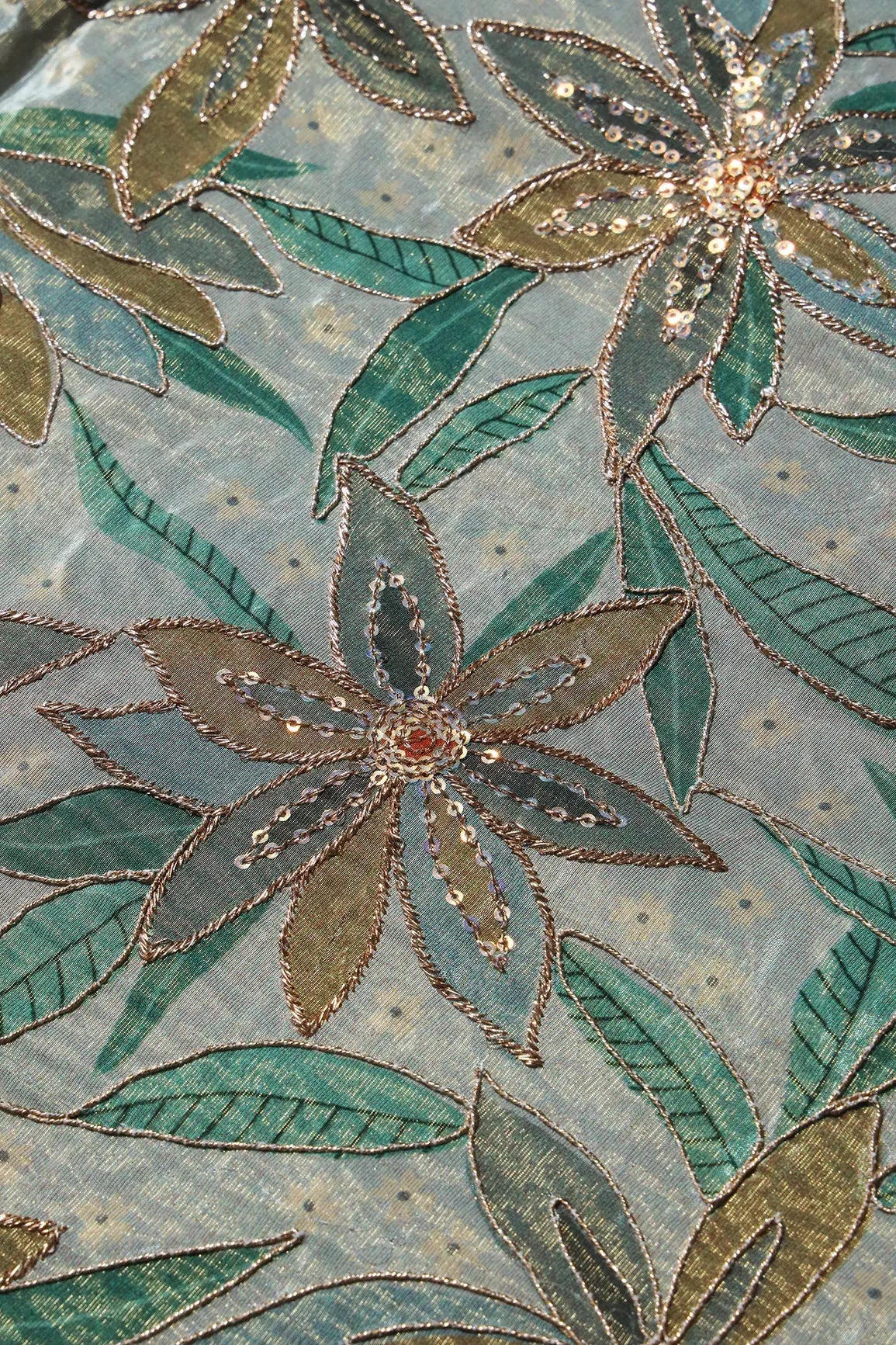 Floral Position Print On Sequins With Zari Embroidery Light Grey Viscose Zari Tissue Fabric - doeraa