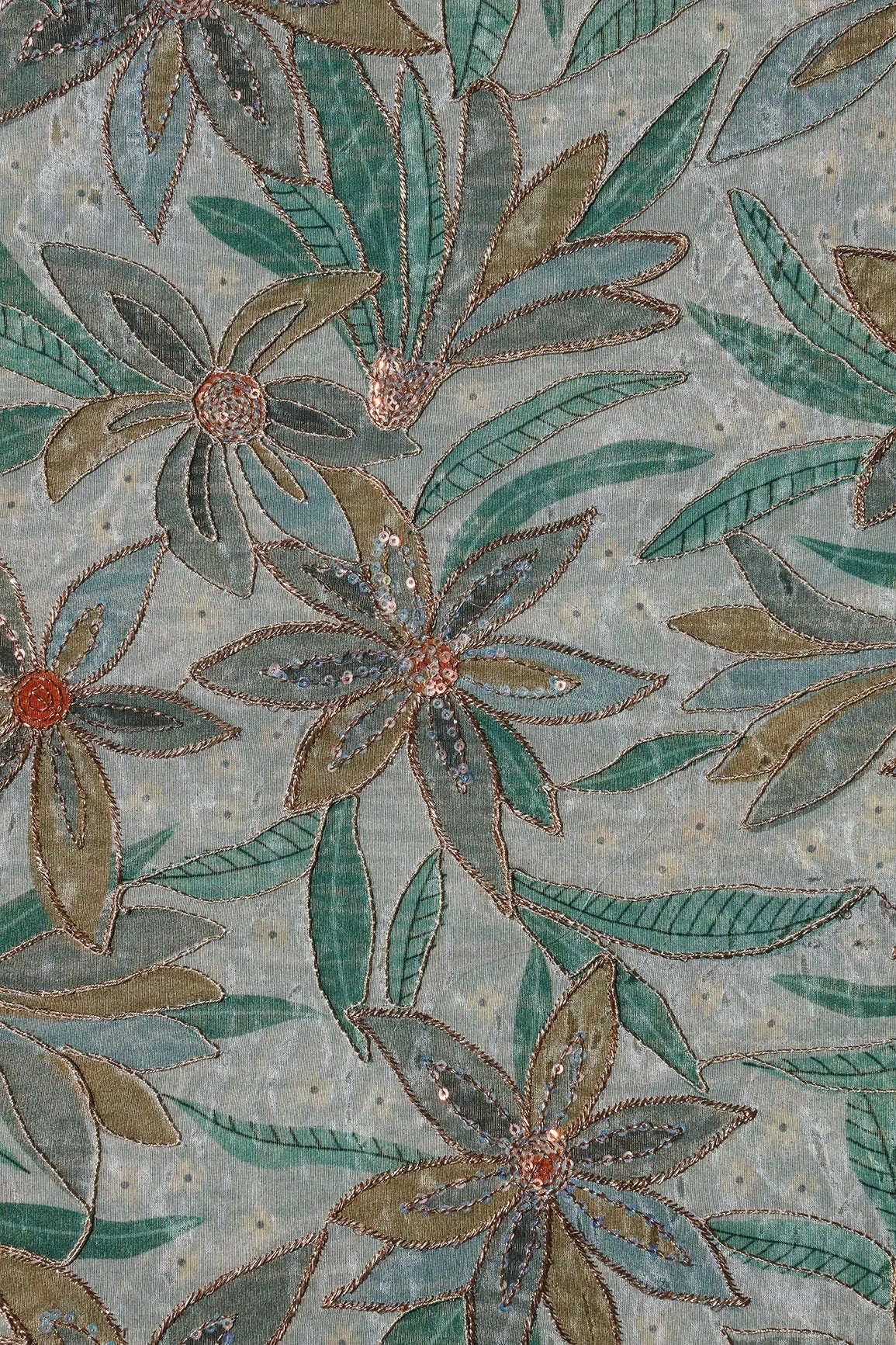 Floral Position Print On Sequins With Zari Embroidery Light Grey Viscose Zari Tissue Fabric - doeraa