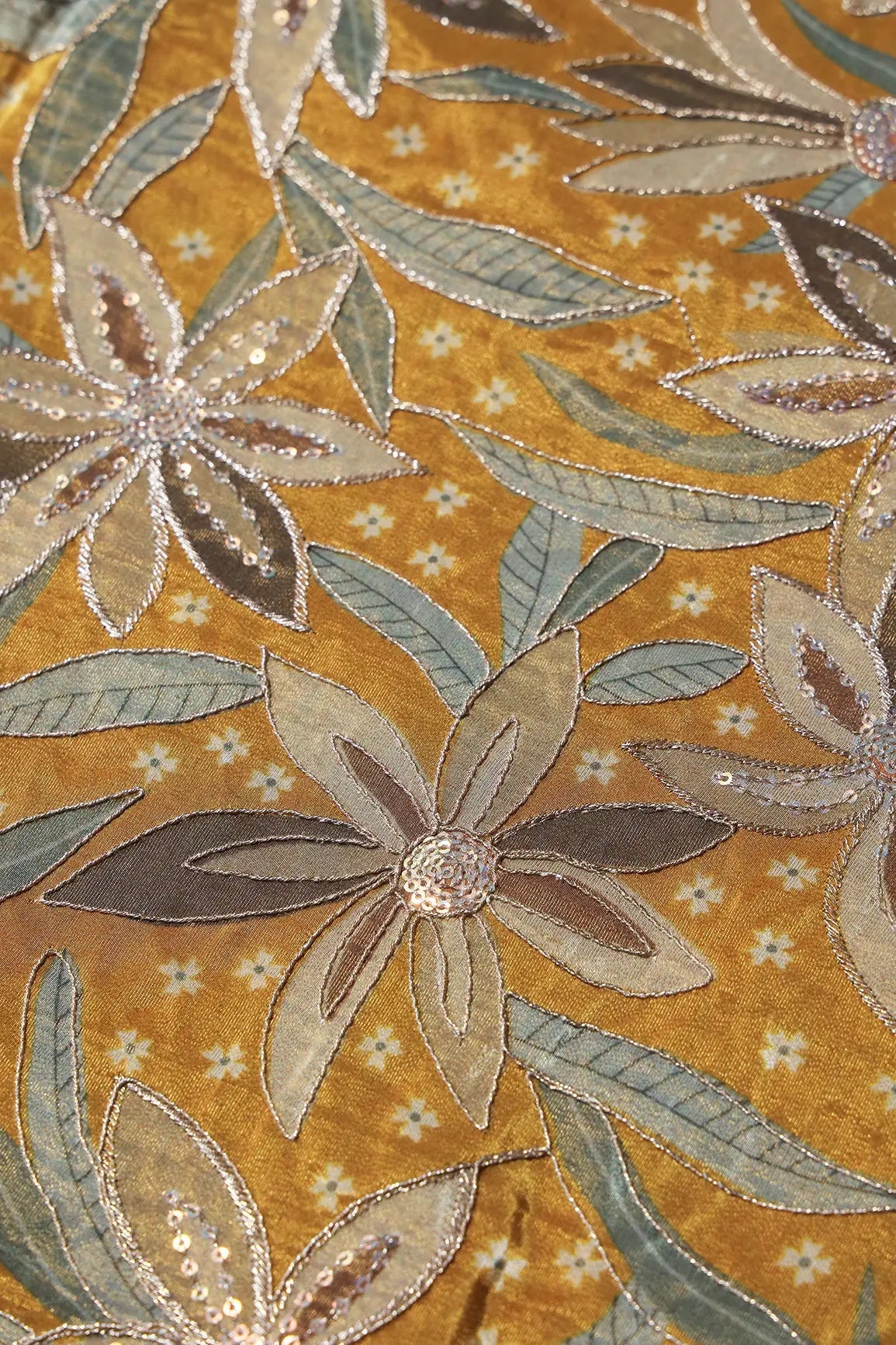Floral Position Print On Sequins With Zari Embroidery Mustard Yellow Viscose Zari Tissue Fabric - doeraa