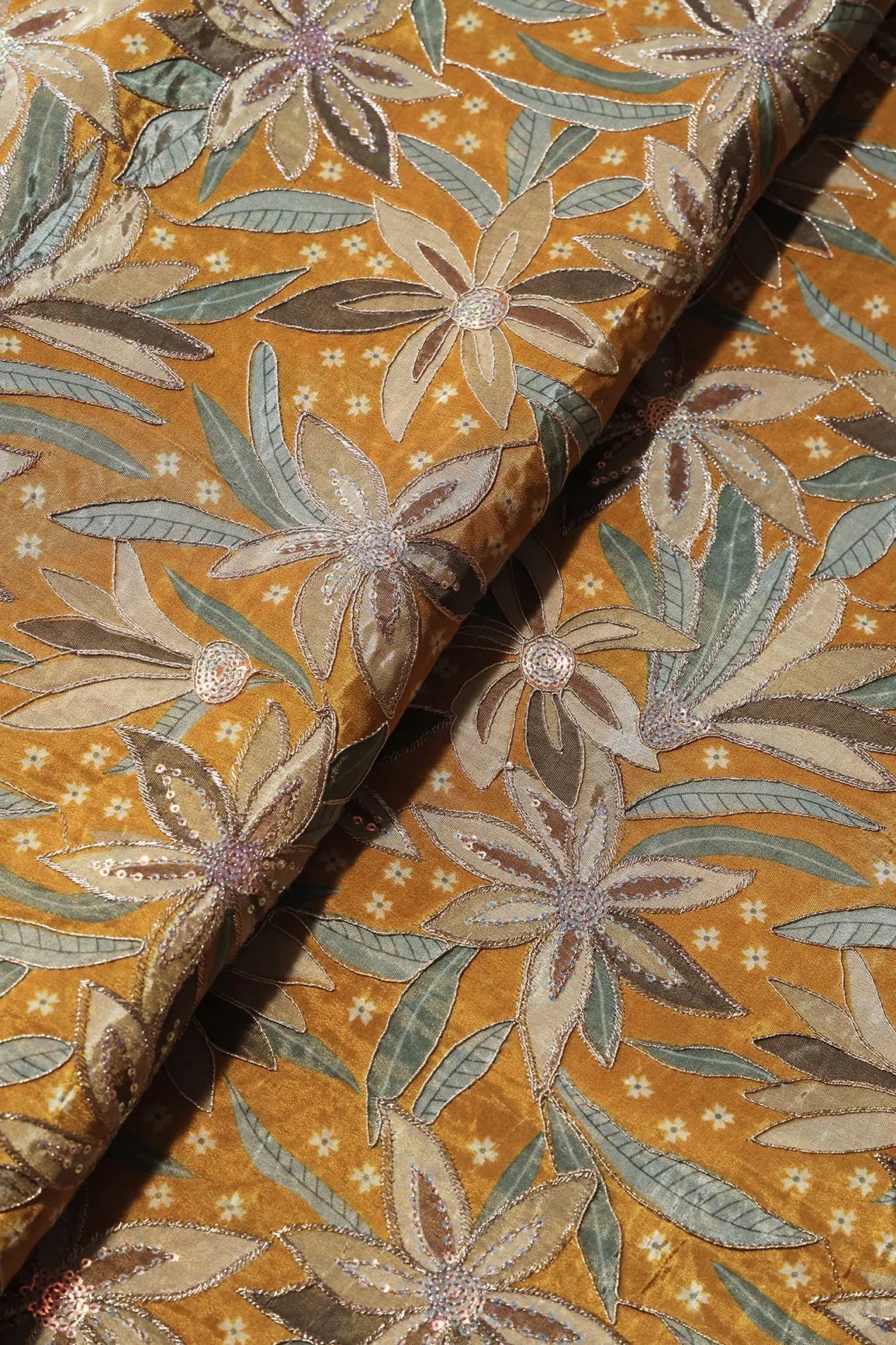 Floral Position Print On Sequins With Zari Embroidery Mustard Yellow Viscose Zari Tissue Fabric - doeraa