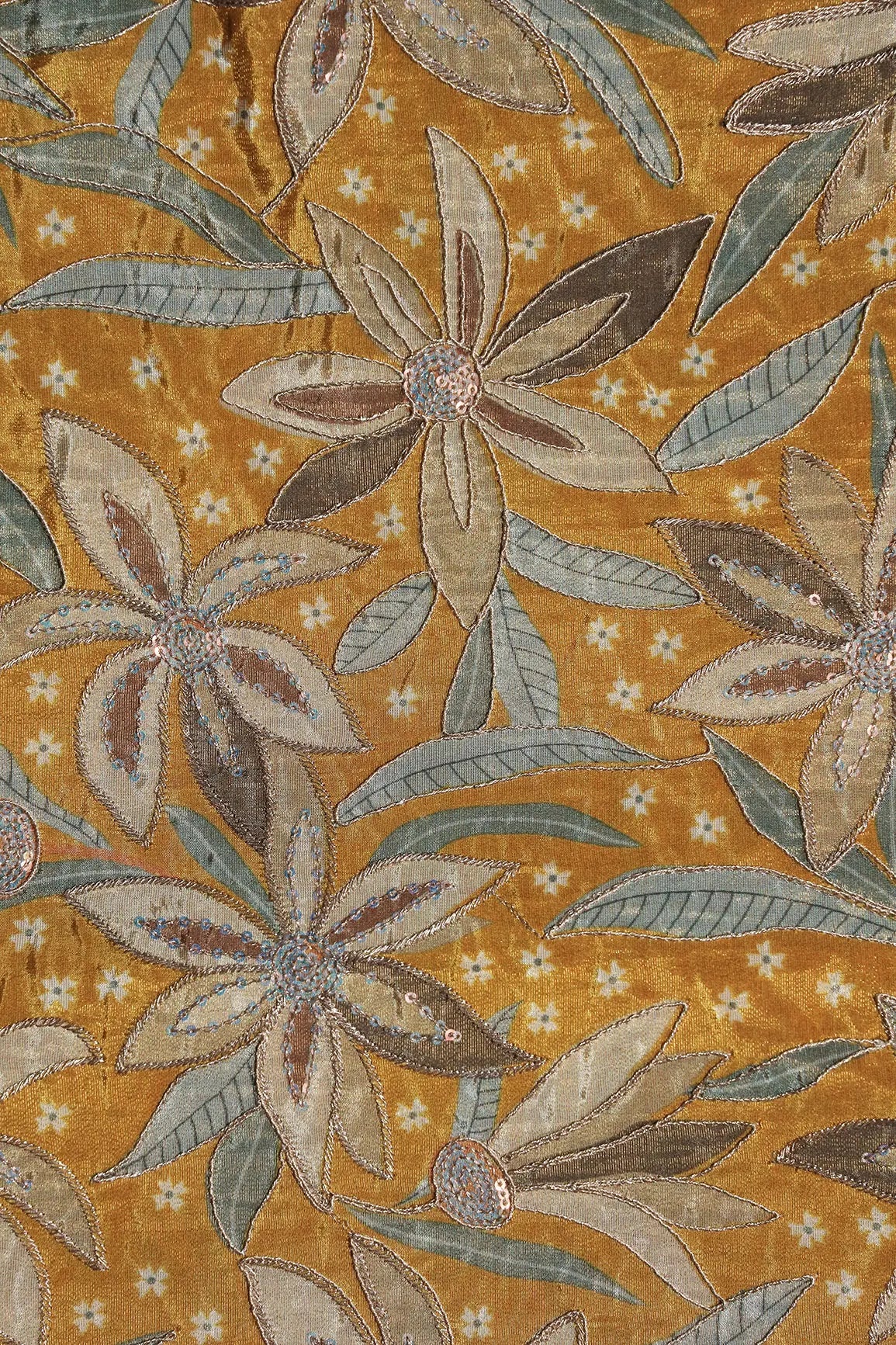 Floral Position Print On Sequins With Zari Embroidery Mustard Yellow Viscose Zari Tissue Fabric - doeraa