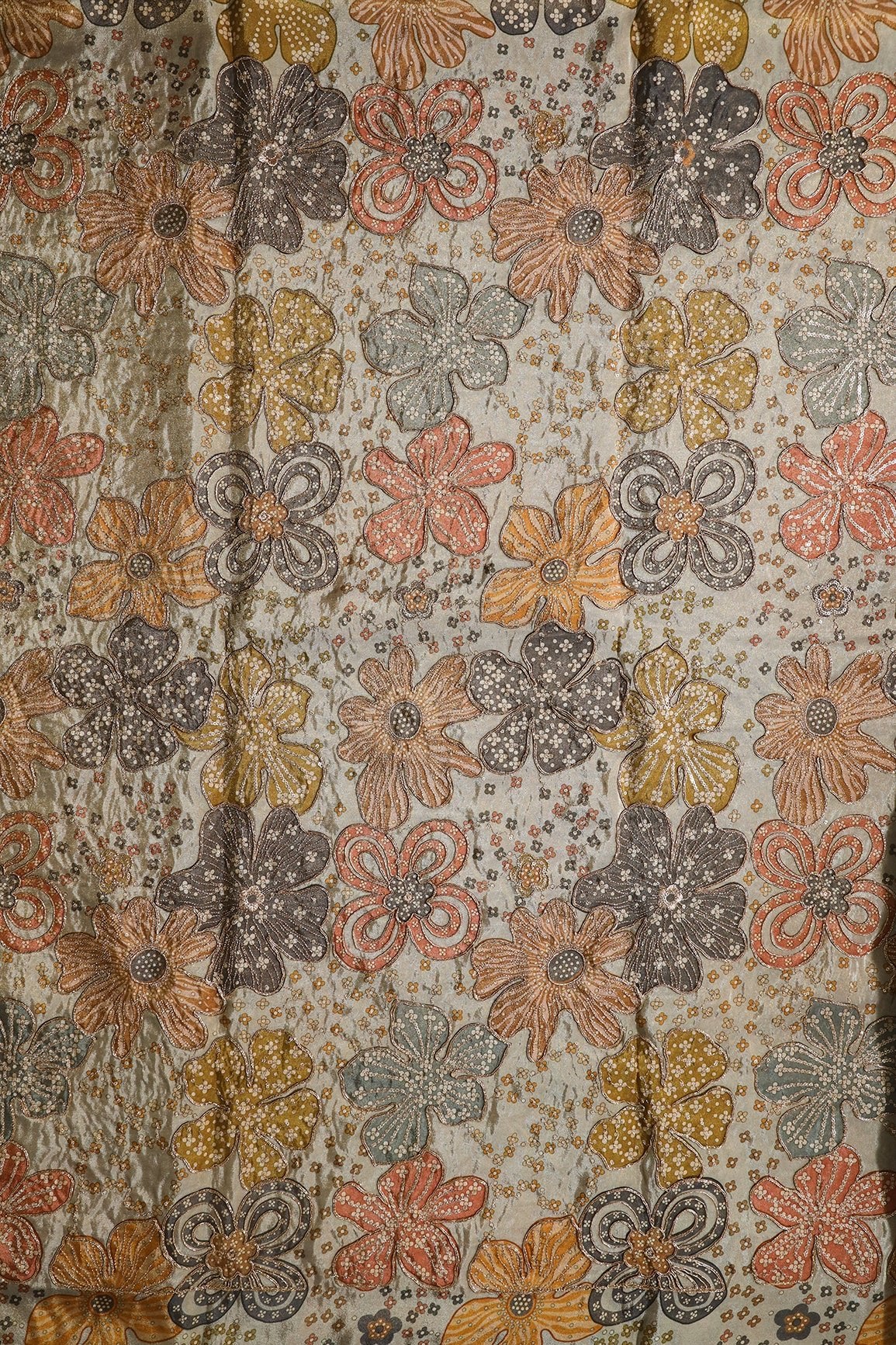 Floral Position Print On Sequins With Zari Embroidery On Pastel Grey Viscose Zari Tissue Fabric - doeraa