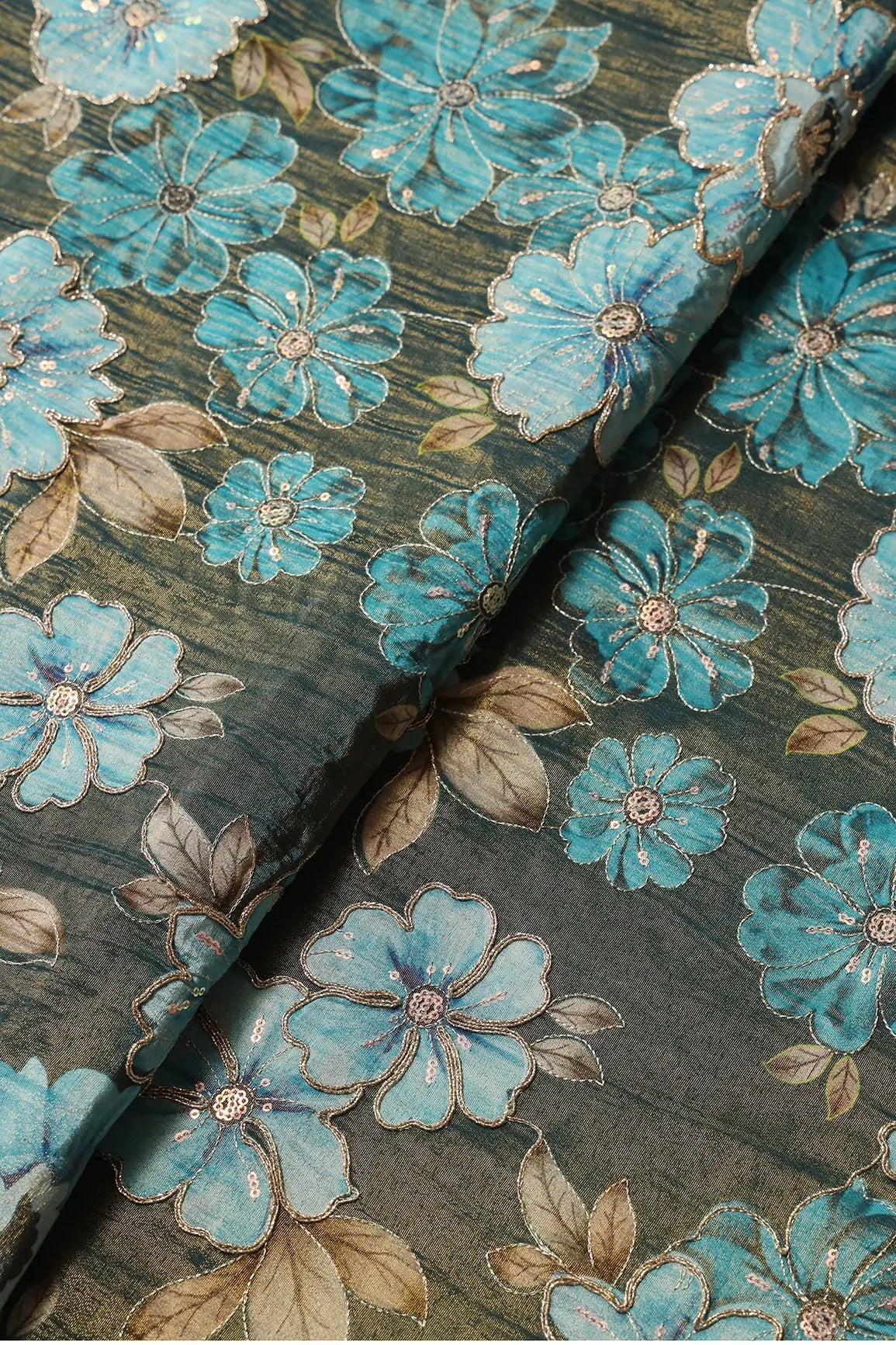 Floral Position Print On Sequins With Zari Embroidery Rama Viscose Zari Tissue Fabric - doeraa