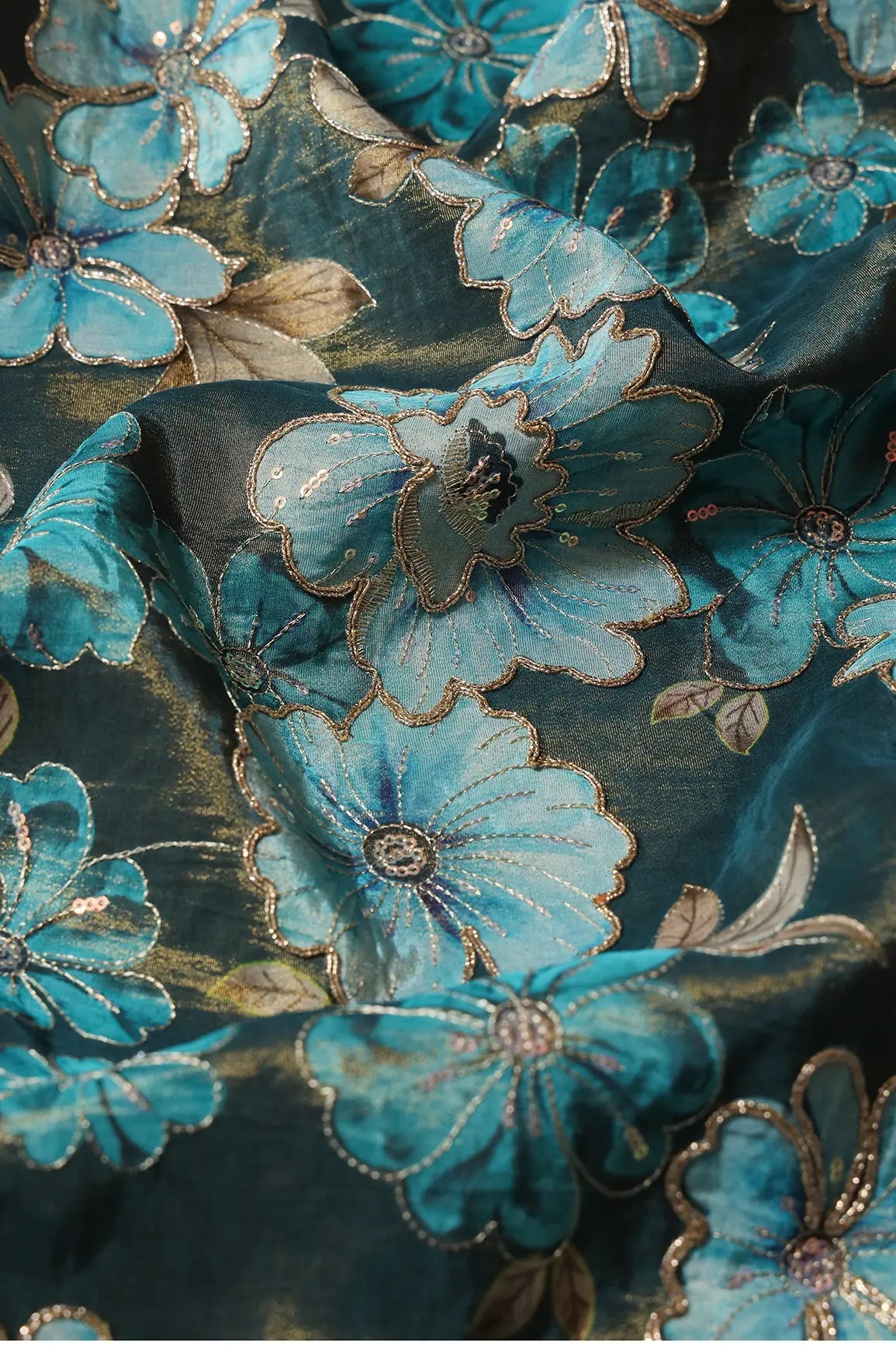 Floral Position Print On Sequins With Zari Embroidery Rama Viscose Zari Tissue Fabric - doeraa