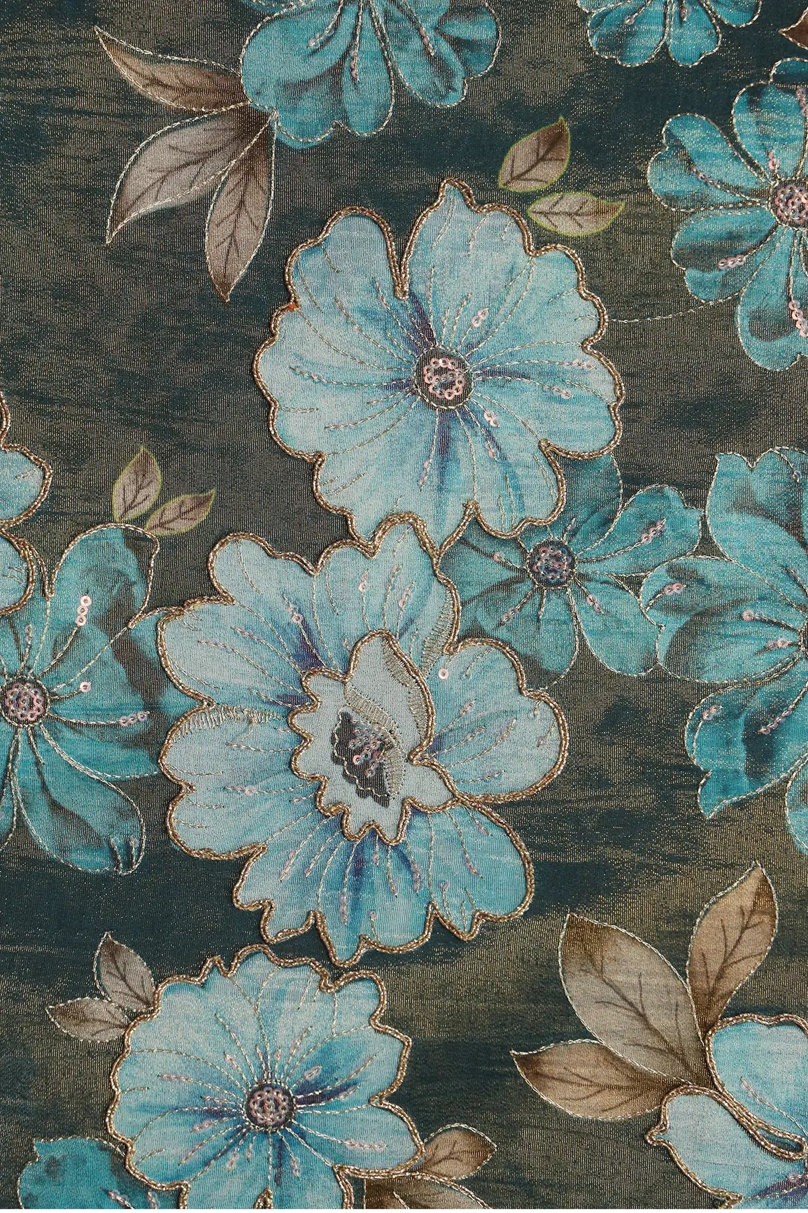 Floral Position Print On Sequins With Zari Embroidery Rama Viscose Zari Tissue Fabric - doeraa