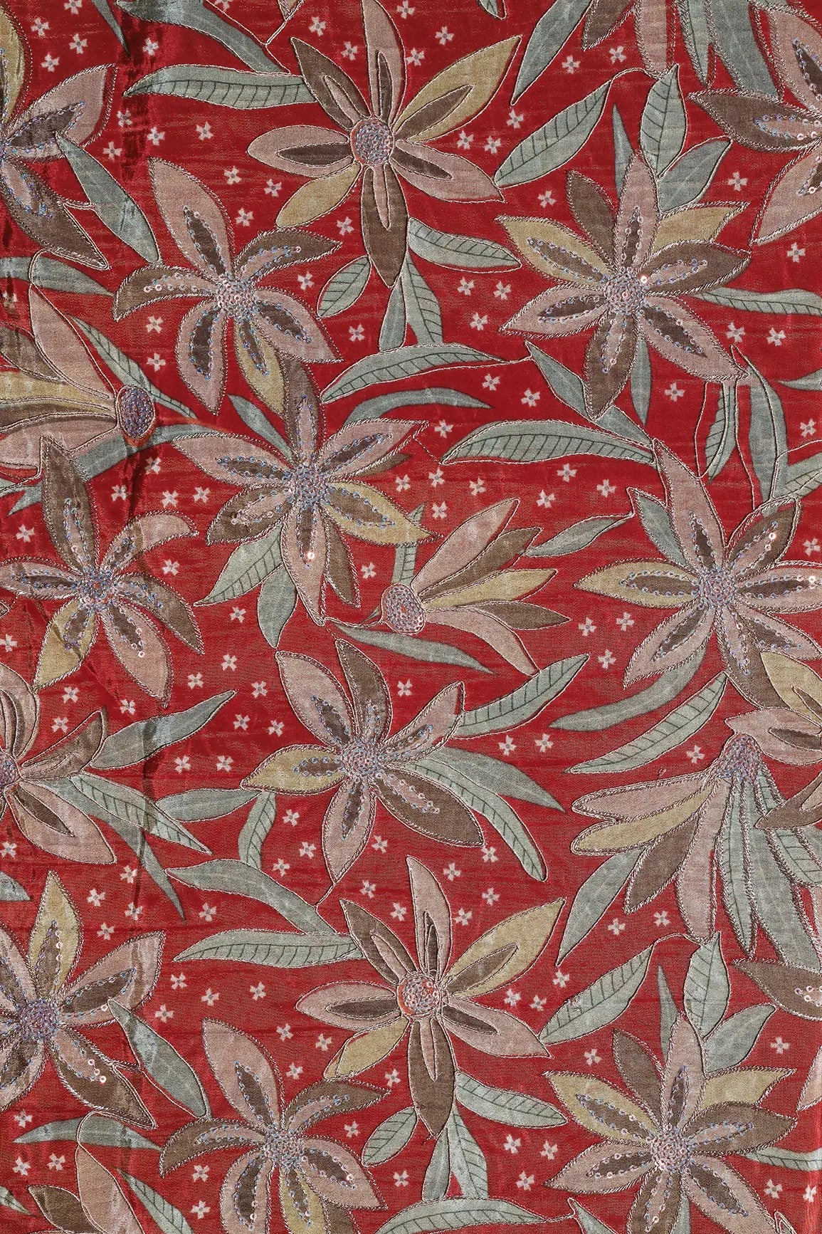Floral Position Print On Sequins With Zari Embroidery Red Viscose Zari Tissue Fabric - doeraa