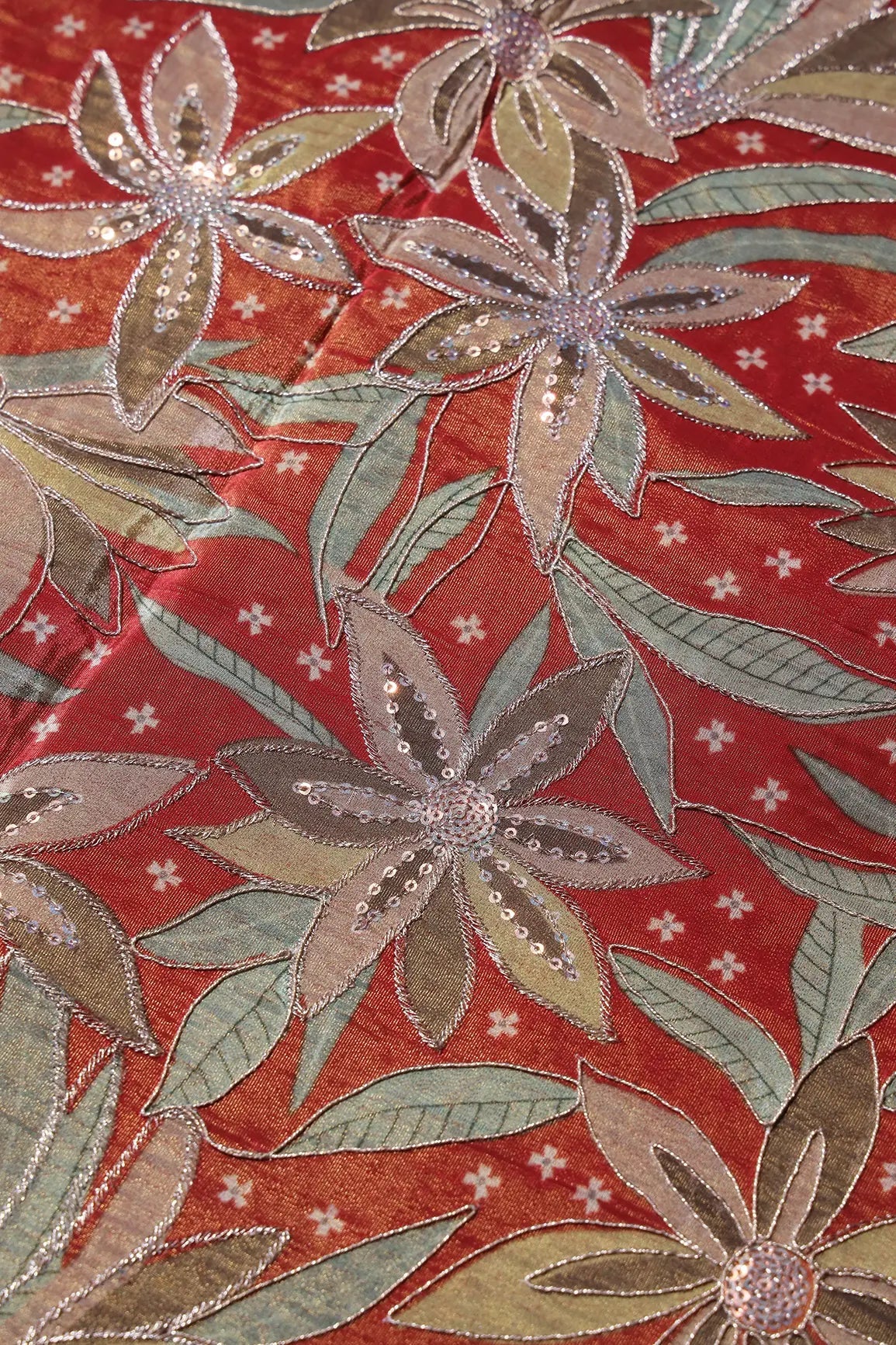 Floral Position Print On Sequins With Zari Embroidery Red Viscose Zari Tissue Fabric - doeraa