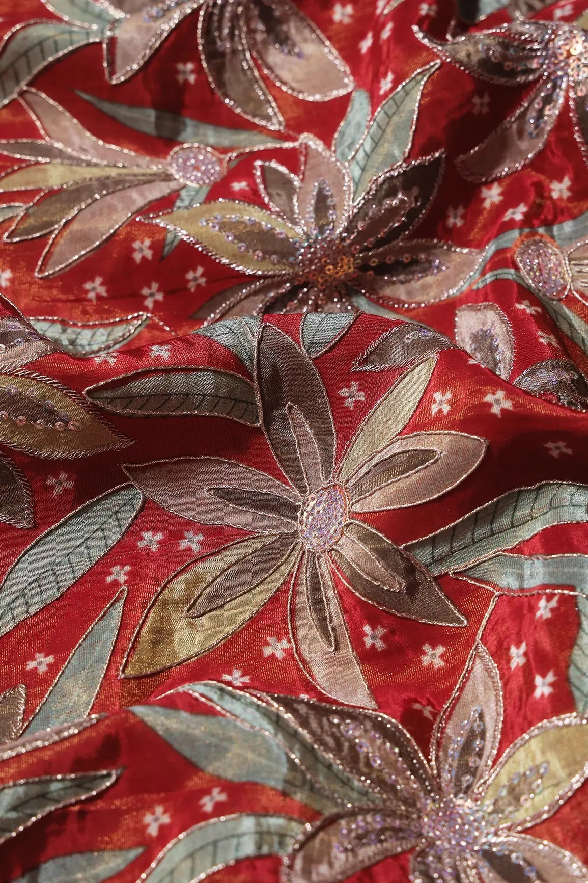Floral Position Print On Sequins With Zari Embroidery Red Viscose Zari Tissue Fabric - doeraa