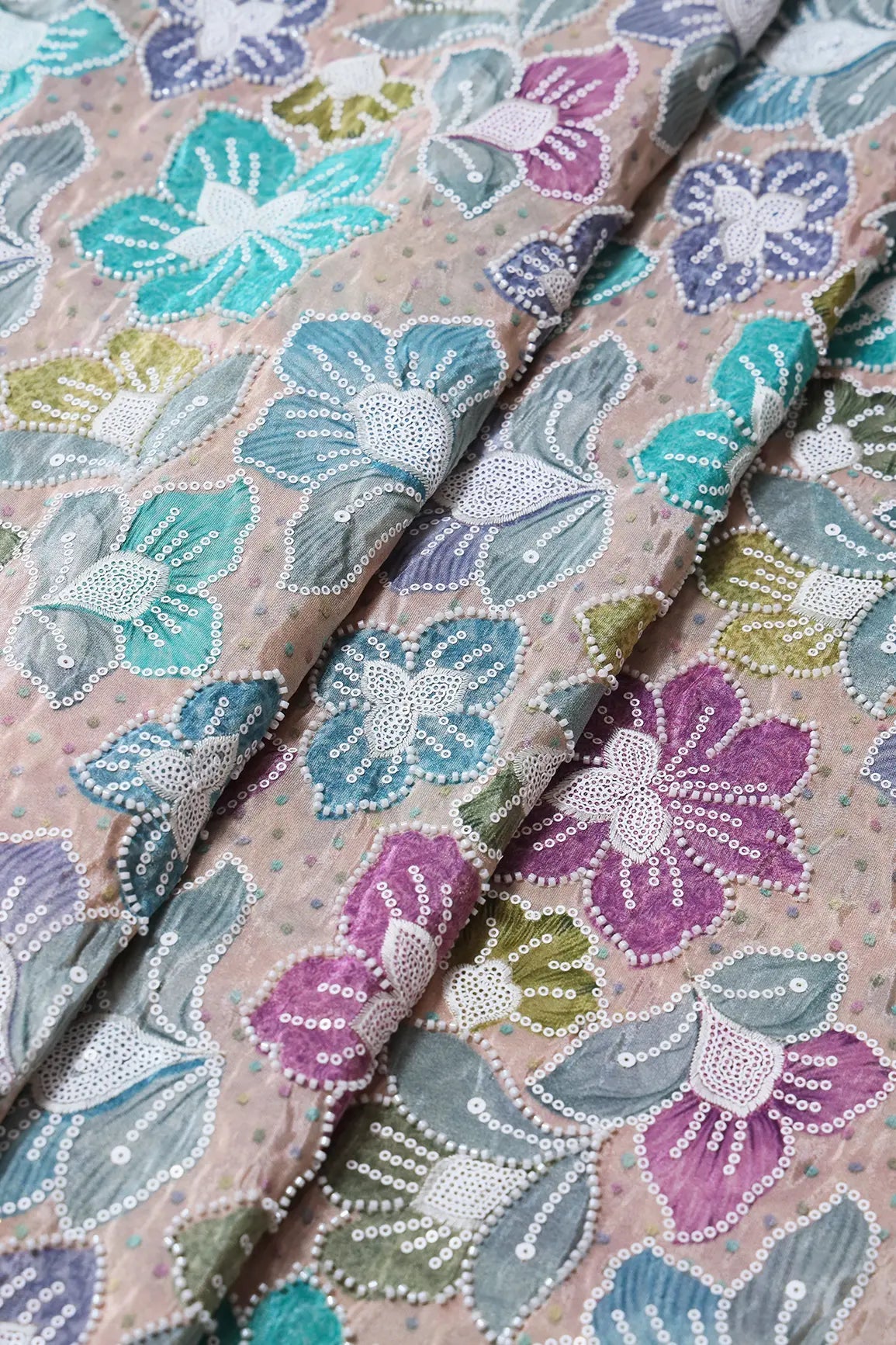 Floral Position Print With White Beads And White Sequins Embroidery On Light Beige Viscose Zari Tissue Fabric - doeraa