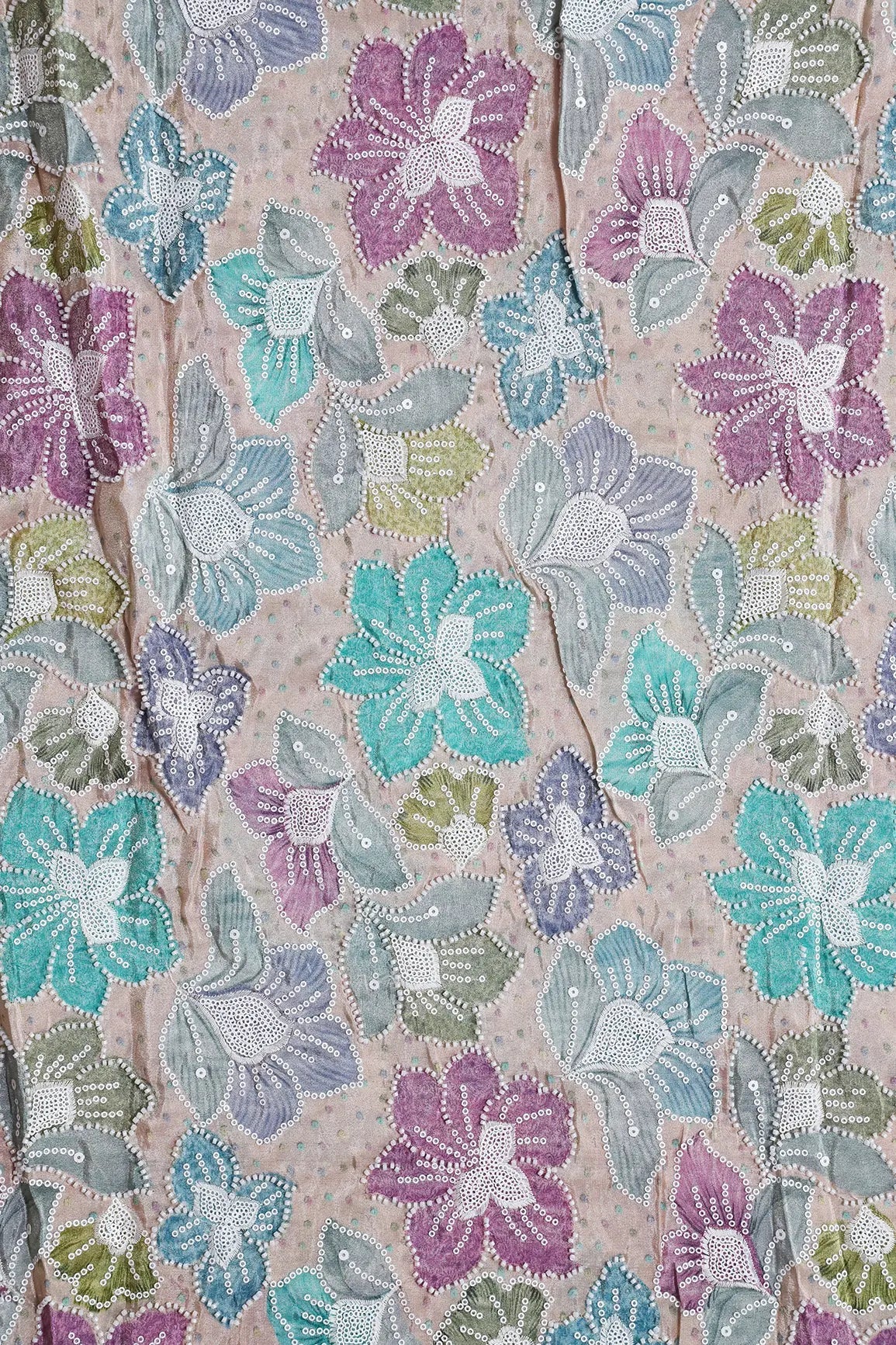 Floral Position Print With White Beads And White Sequins Embroidery On Light Beige Viscose Zari Tissue Fabric - doeraa