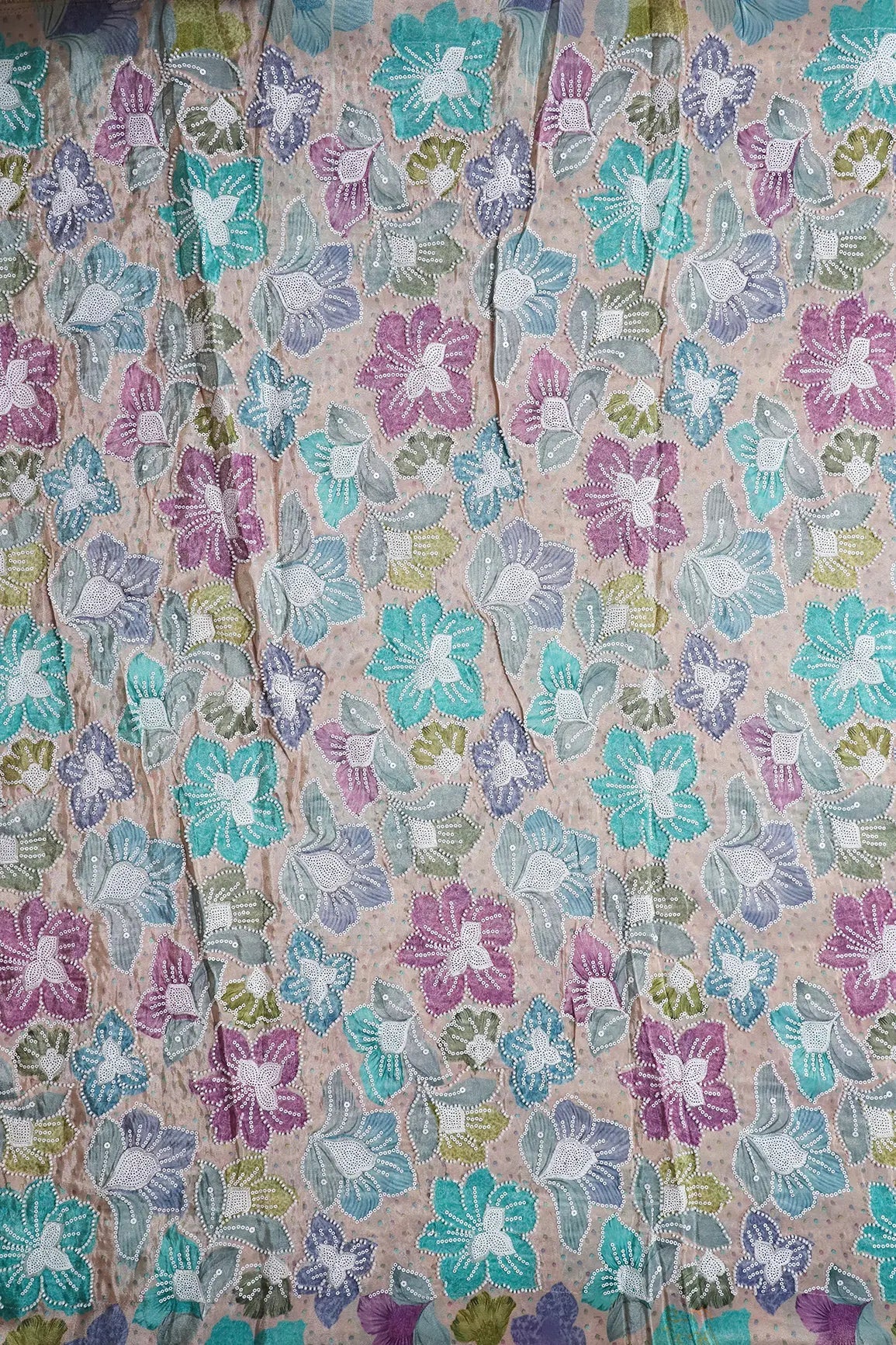 Floral Position Print With White Beads And White Sequins Embroidery On Light Beige Viscose Zari Tissue Fabric - doeraa