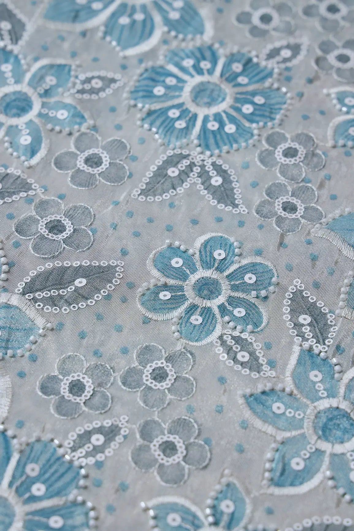 Floral Position Print With White Beads And White Sequins Embroidery On Light Grey Viscose Zari Tissue Fabric - doeraa