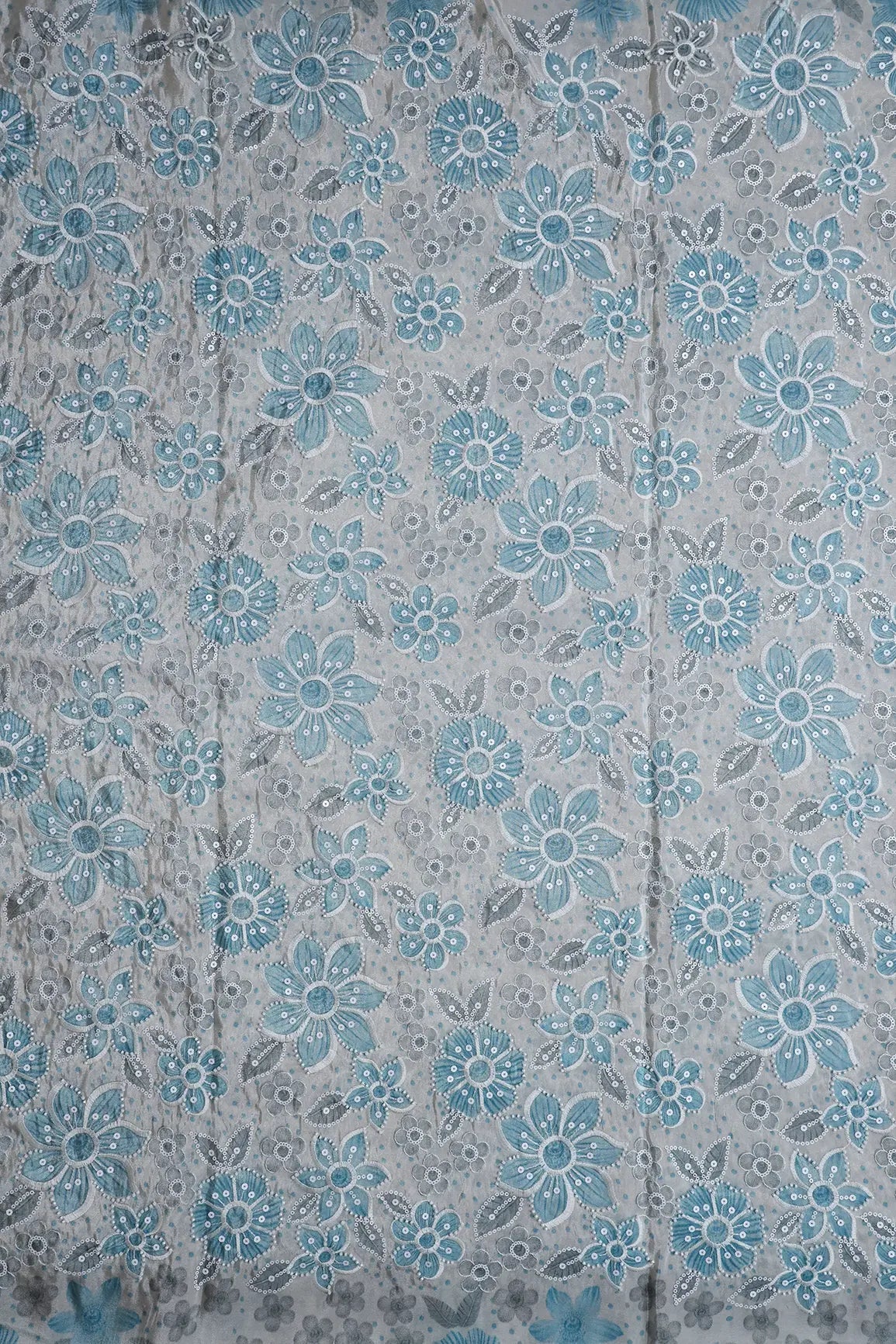 Floral Position Print With White Beads And White Sequins Embroidery On Light Grey Viscose Zari Tissue Fabric - doeraa