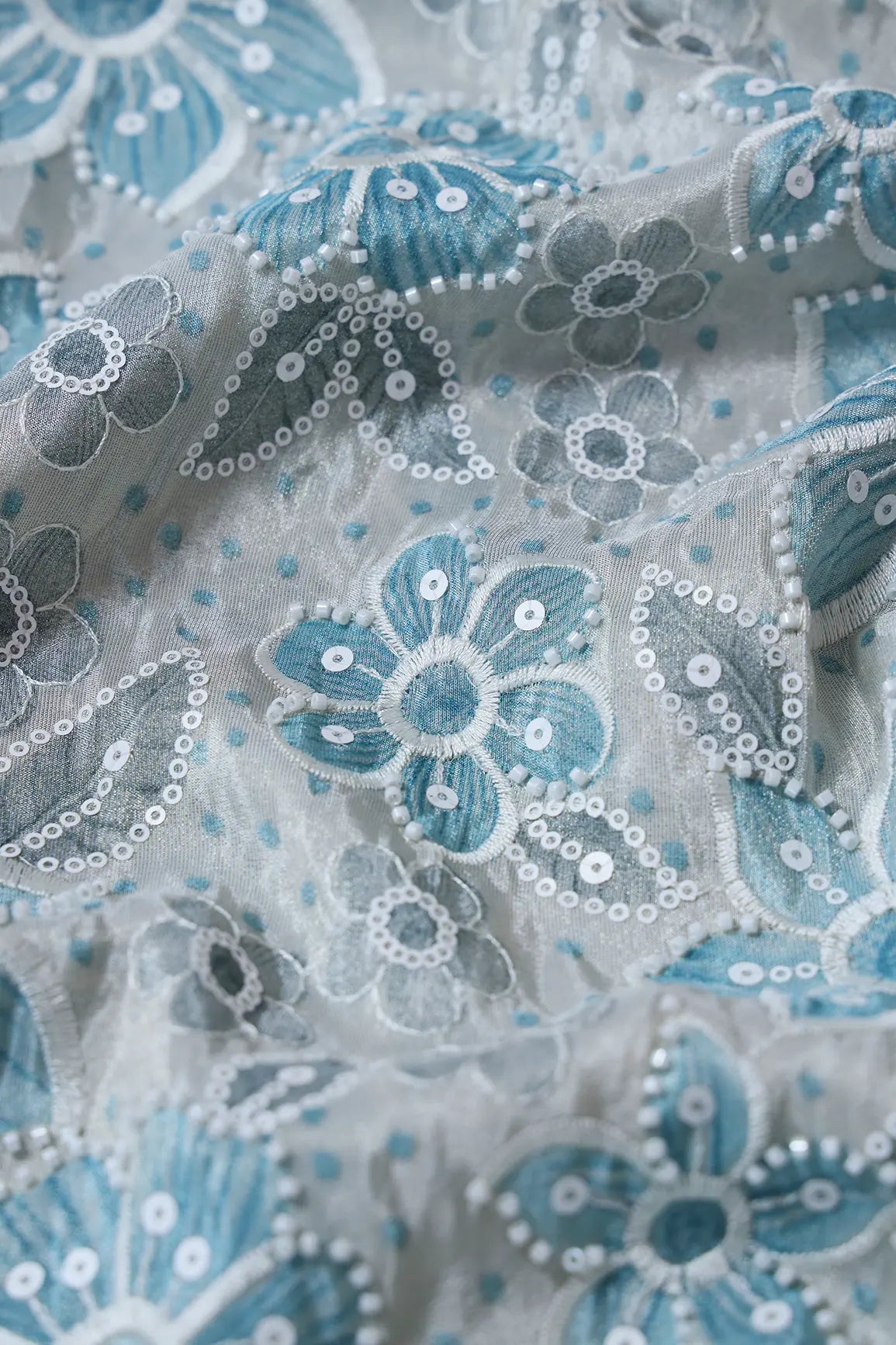 Floral Position Print With White Beads And White Sequins Embroidery On Light Grey Viscose Zari Tissue Fabric - doeraa