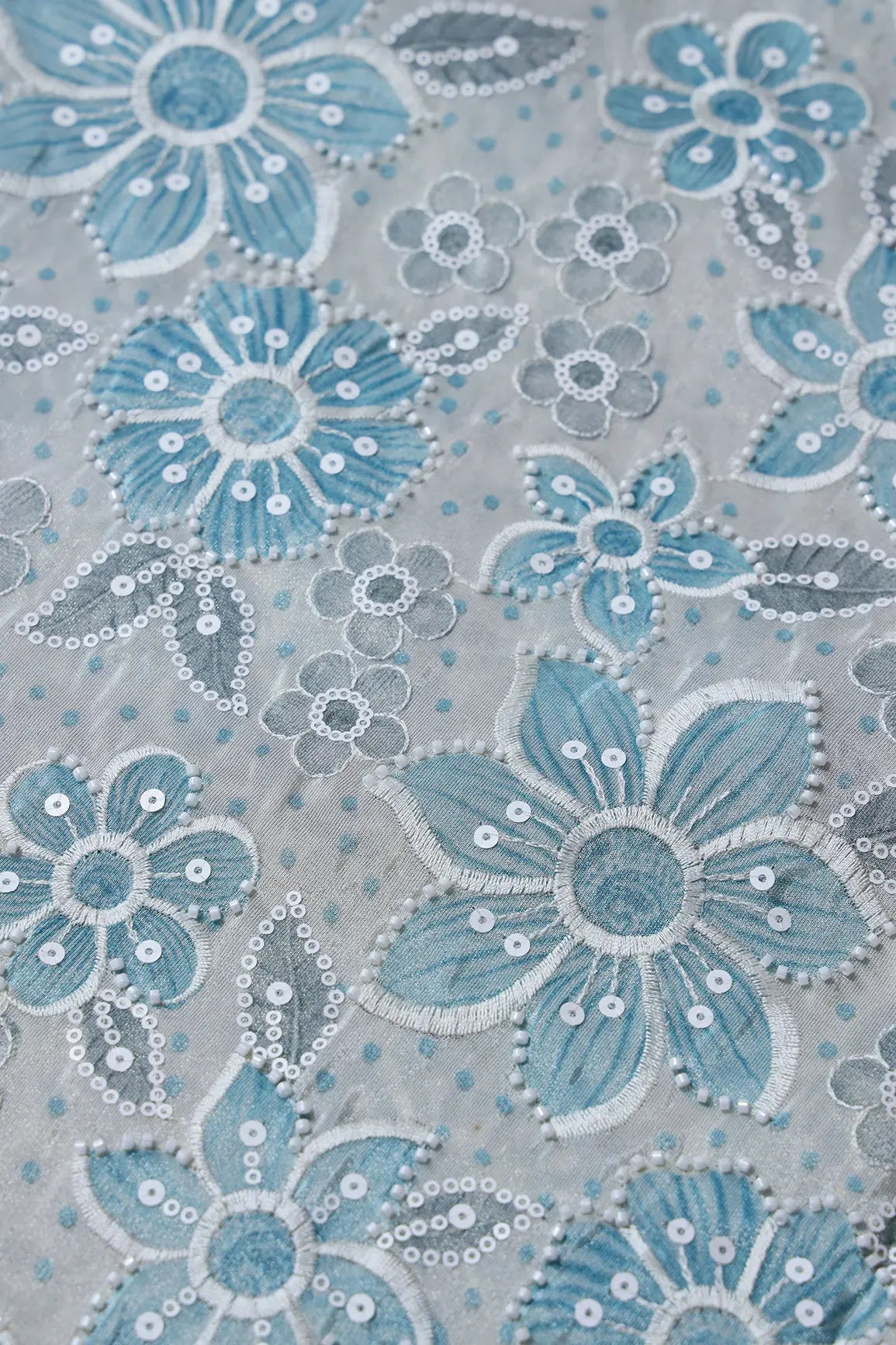 Floral Position Print With White Beads And White Sequins Embroidery On Light Grey Viscose Zari Tissue Fabric - doeraa