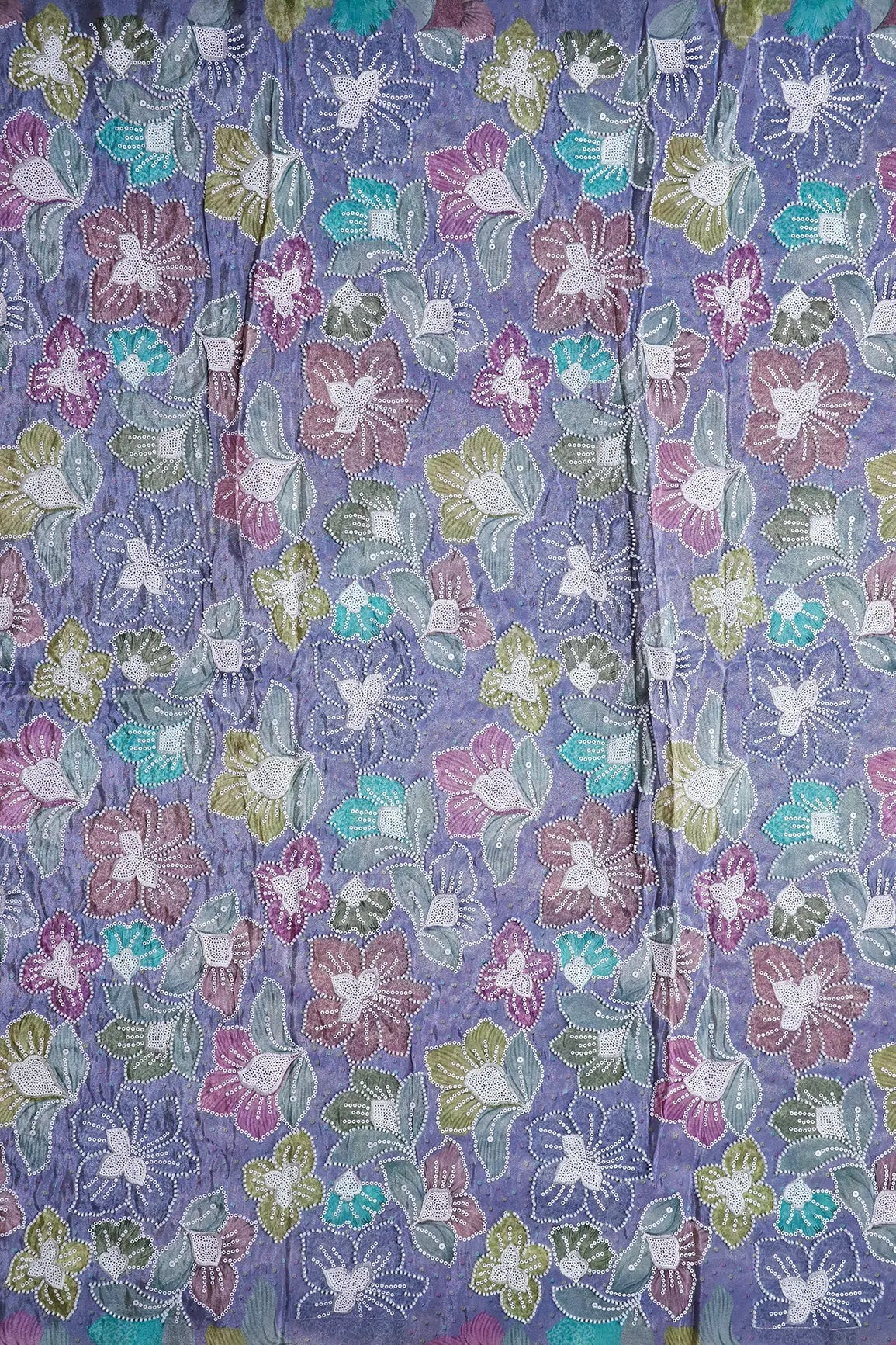 Floral Position Print With White Beads And White Sequins Embroidery On Lilac Viscose Zari Tissue Fabric - doeraa