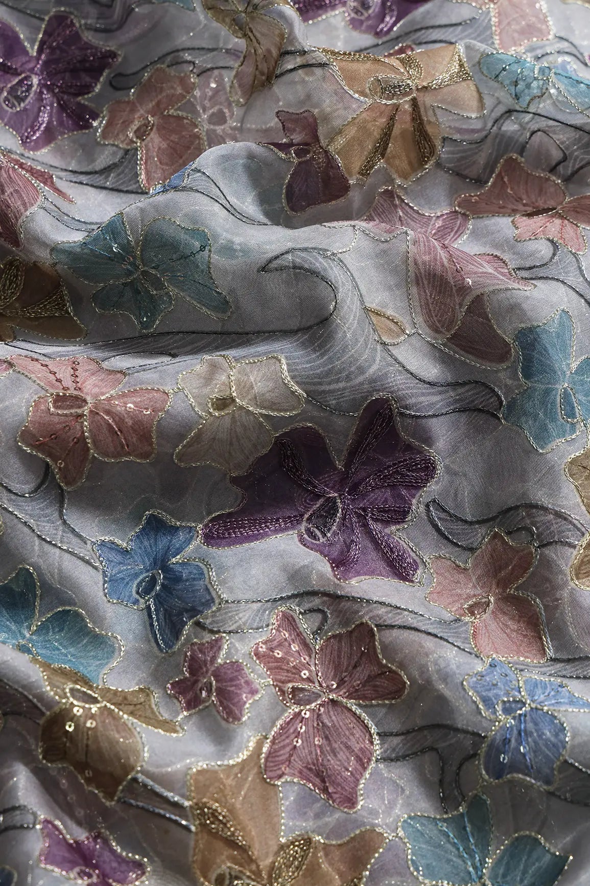 Floral Positional Print On Sequins With Zari Embroidery On Grey Organza Fabric - doeraa