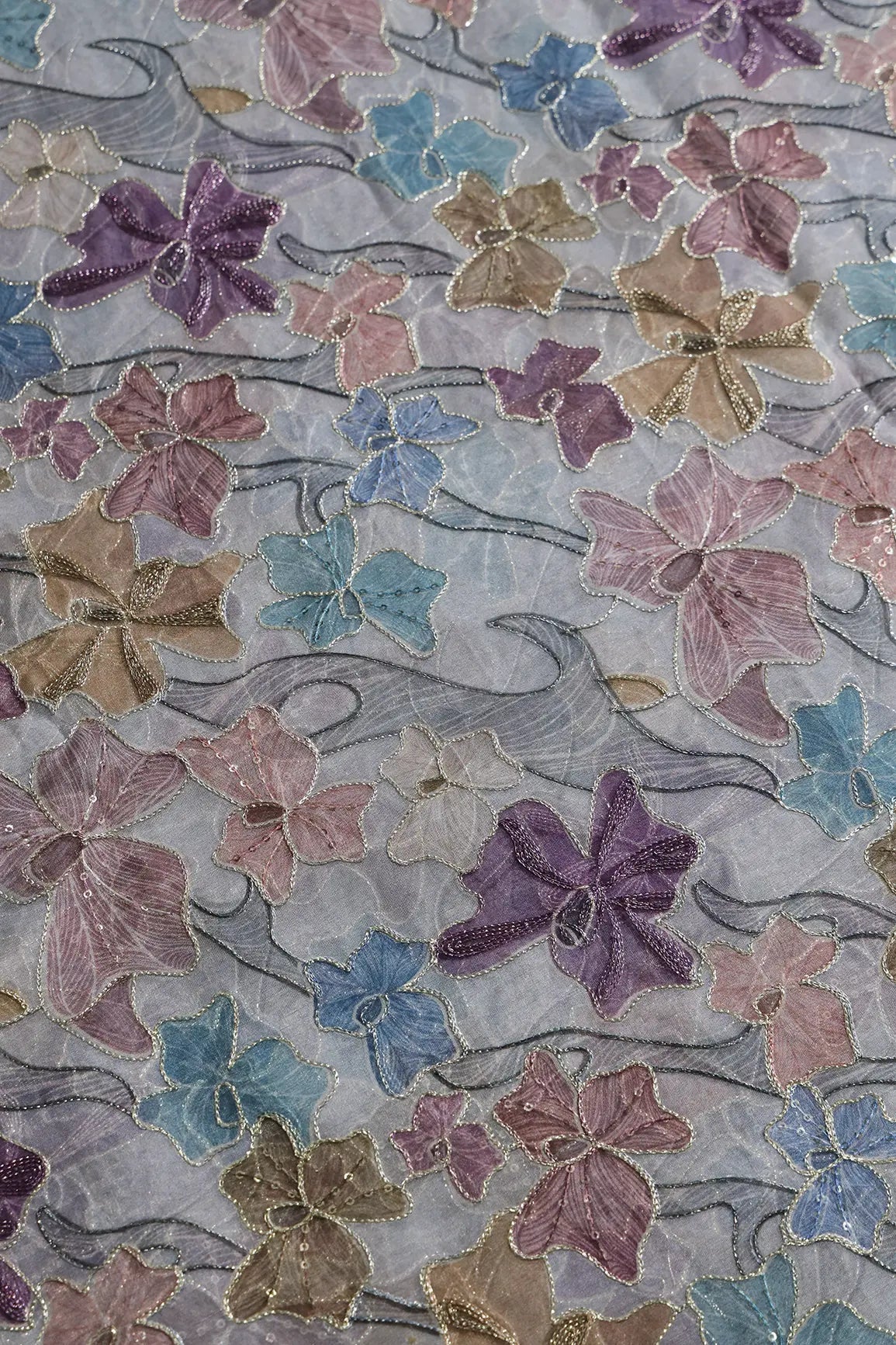 Floral Positional Print On Sequins With Zari Embroidery On Grey Organza Fabric - doeraa