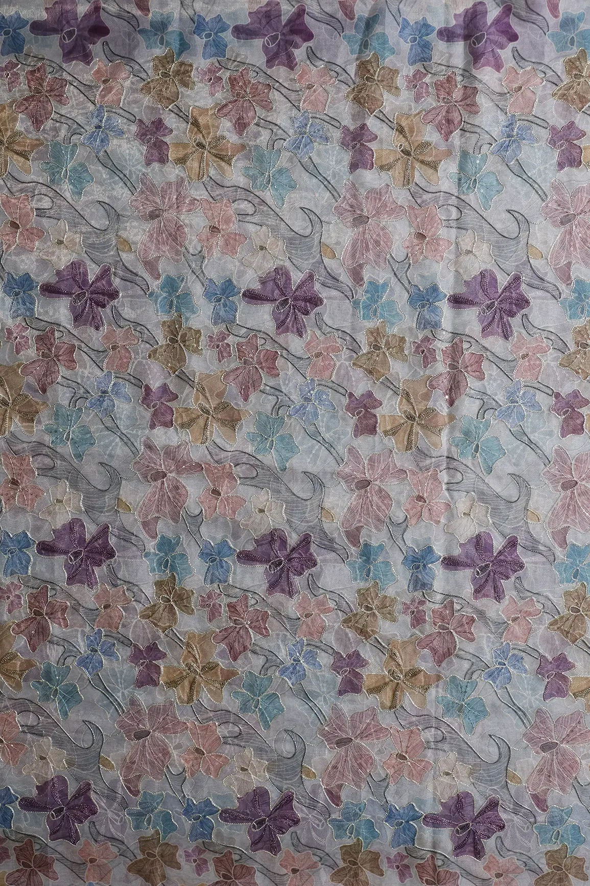 Floral Positional Print On Sequins With Zari Embroidery On Grey Organza Fabric - doeraa