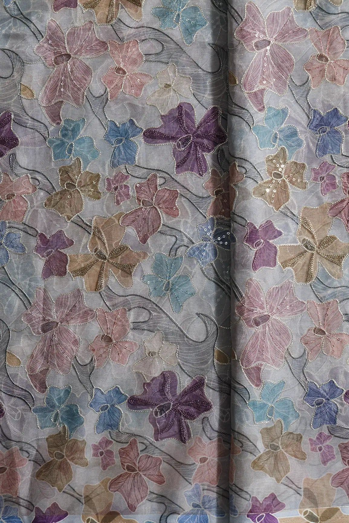 Floral Positional Print On Sequins With Zari Embroidery On Grey Organza Fabric - doeraa