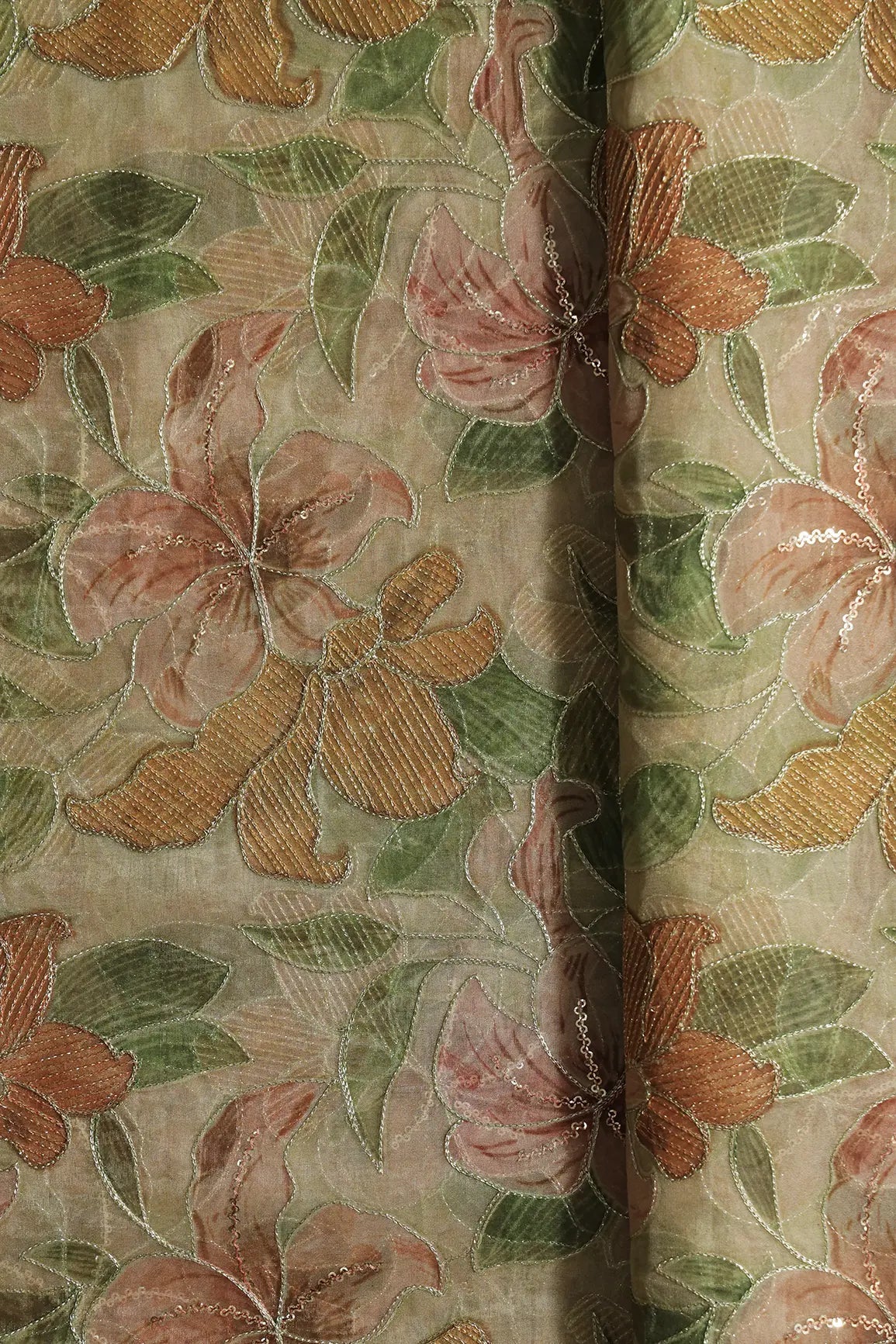 Floral Positional Print On Sequins With Zari Embroidery On Light Olive Organza Fabric - doeraa