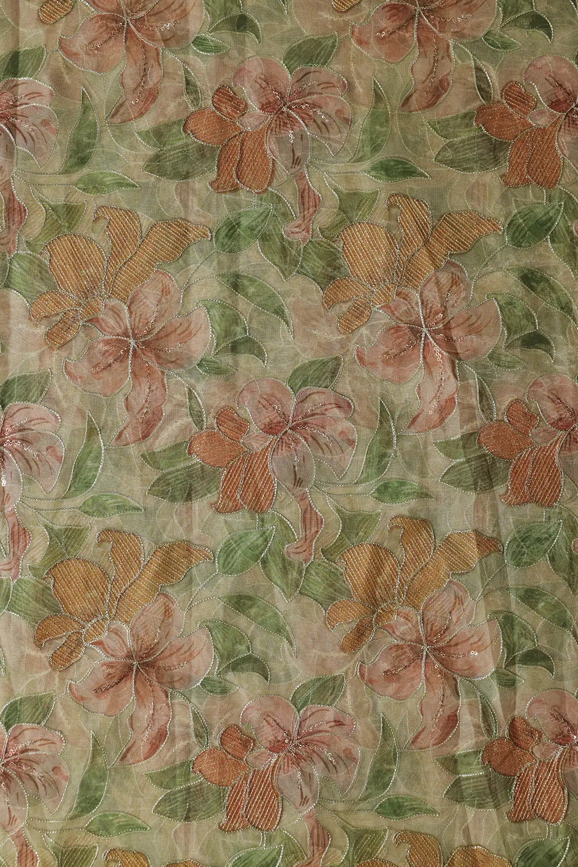 Floral Positional Print On Sequins With Zari Embroidery On Light Olive Organza Fabric - doeraa