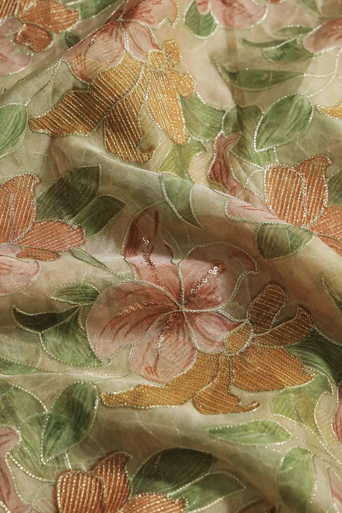 Floral Positional Print On Sequins With Zari Embroidery On Light Olive Organza Fabric - doeraa